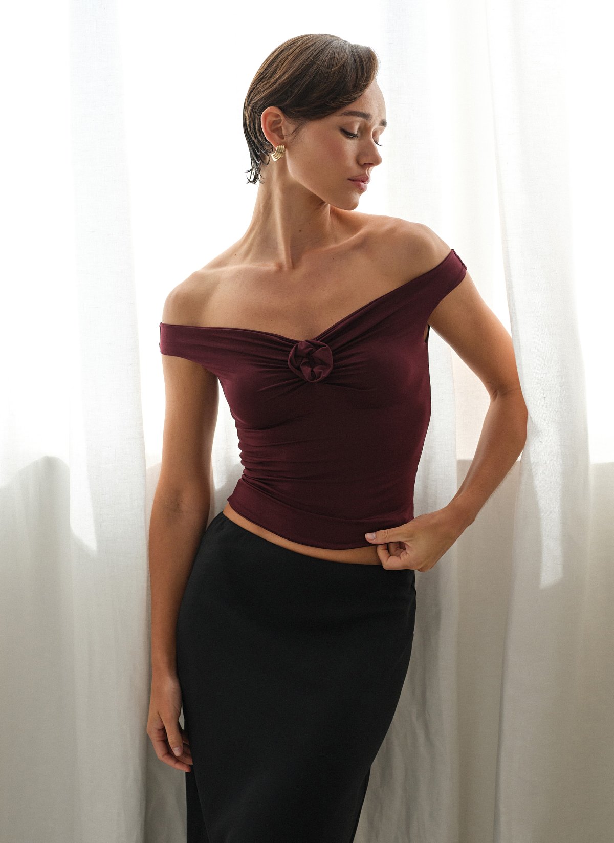 Off-shoulder top with flower detail-25