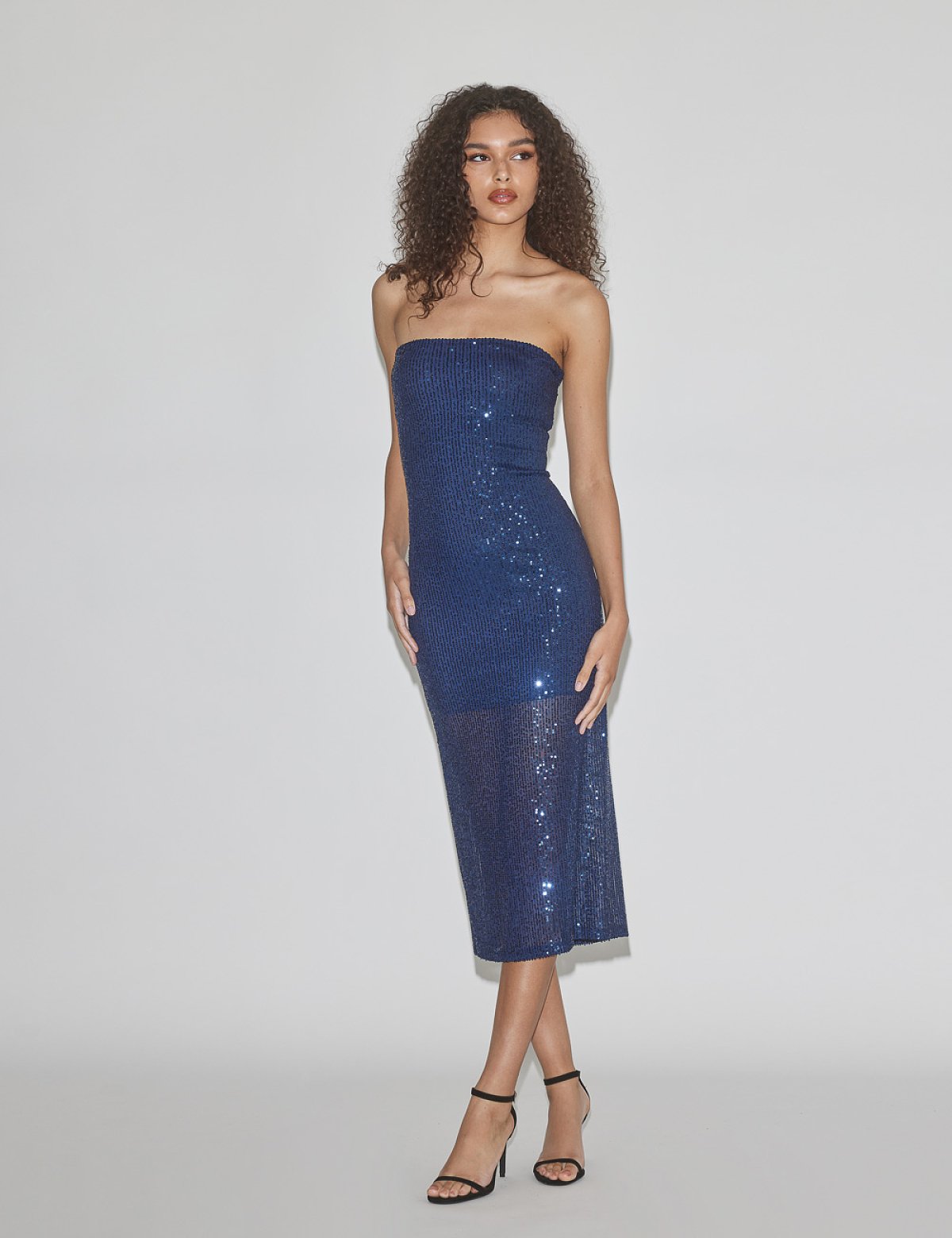 Γυναικείο στράπλες midi φόρεμα με πούλιες