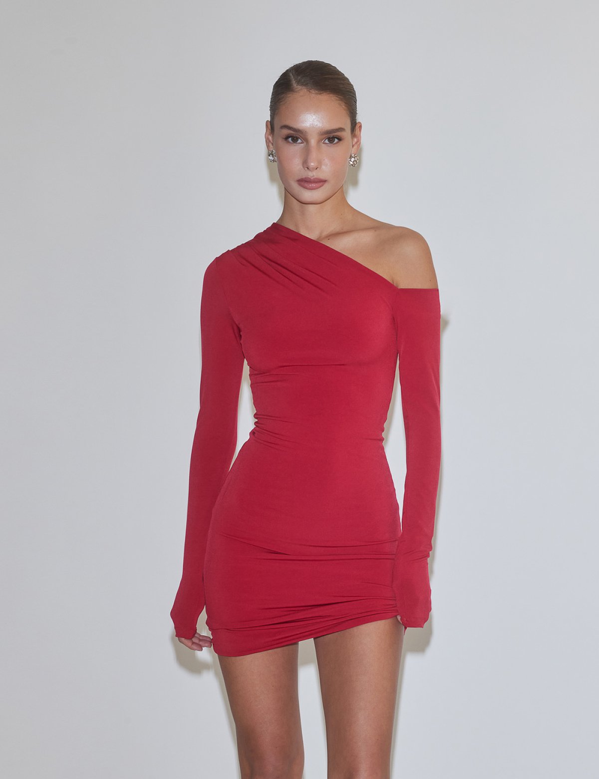 Γυναικείο μακρυμάνικο μίνι φόρεμα one-shoulder