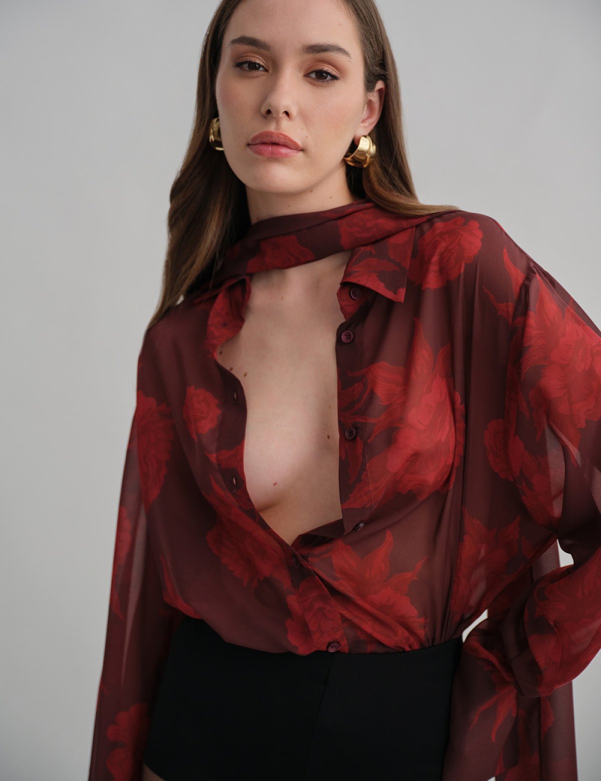 Ημιδιάφανο πουκάμισο εμπριμέ μπορντώ-1