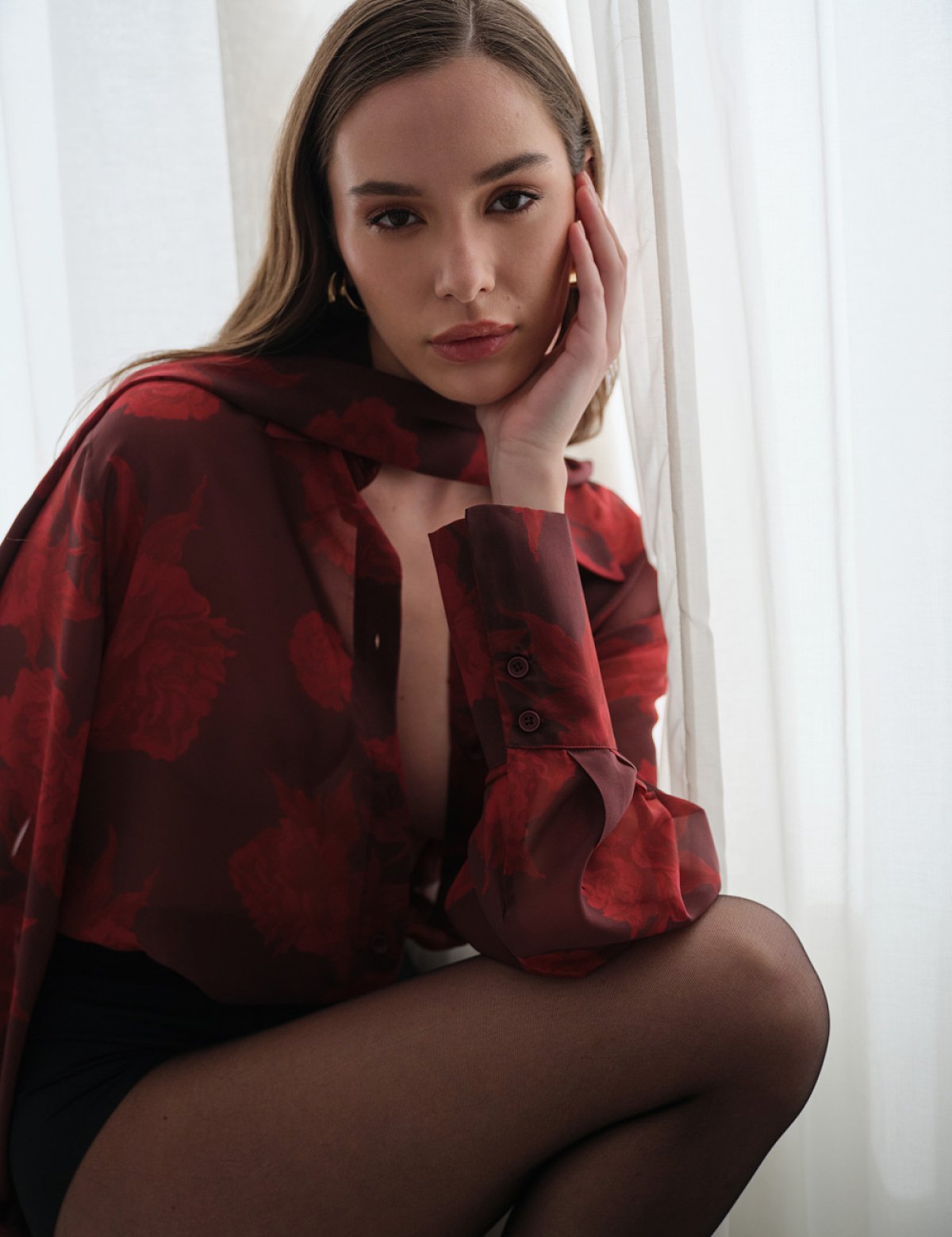 Ημιδιάφανο πουκάμισο εμπριμέ μπορντώ-3