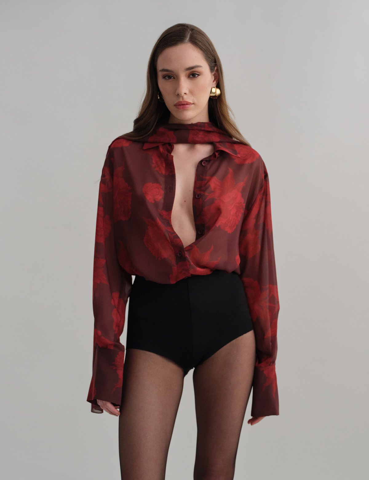 Ημιδιάφανο πουκάμισο εμπριμέ μπορντώ-4