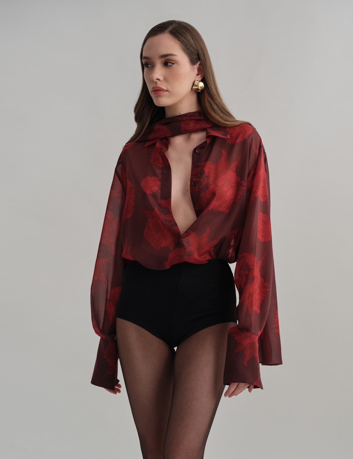 Ημιδιάφανο πουκάμισο εμπριμέ μπορντώ-5