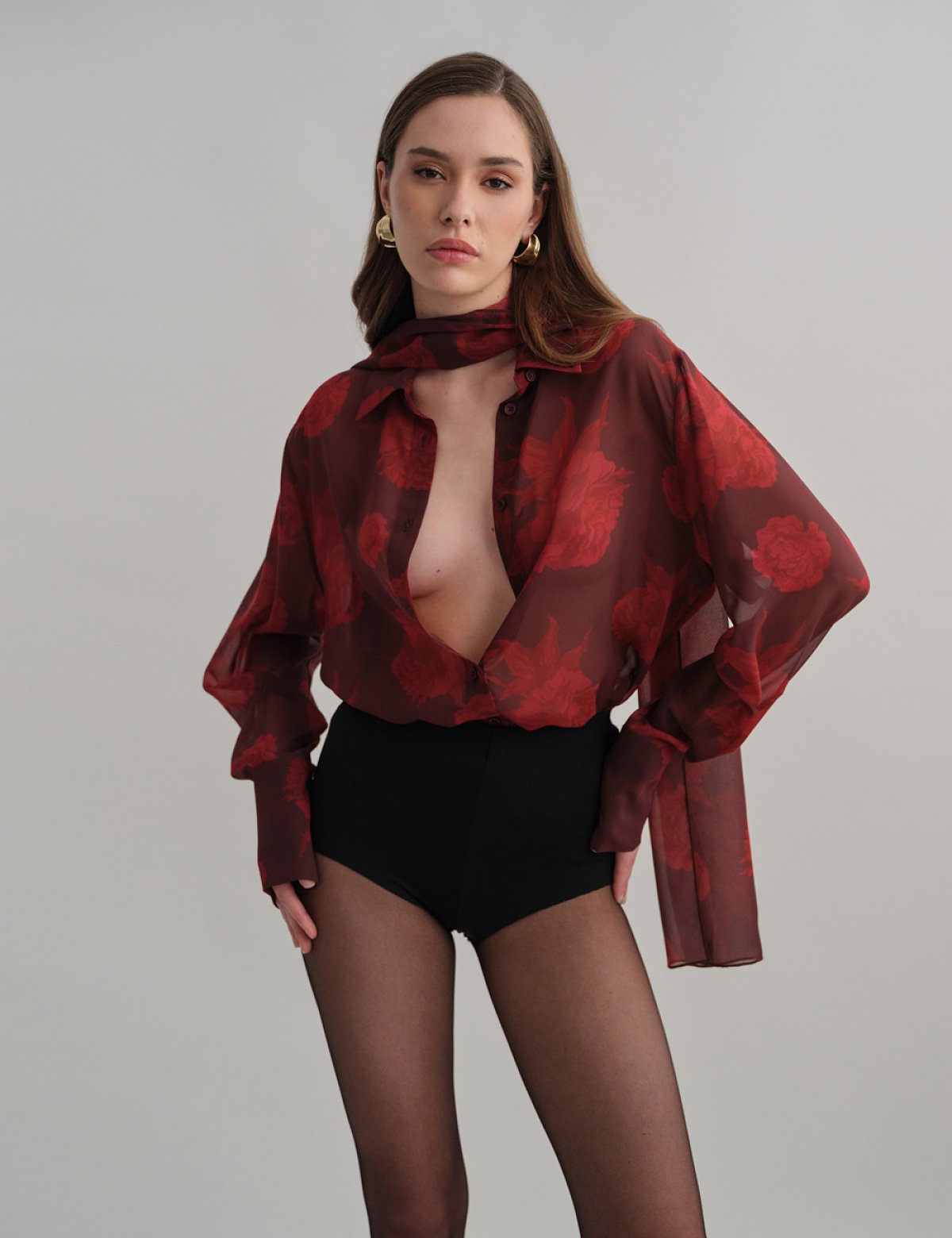 Ημιδιάφανο πουκάμισο εμπριμέ μπορντώ-6