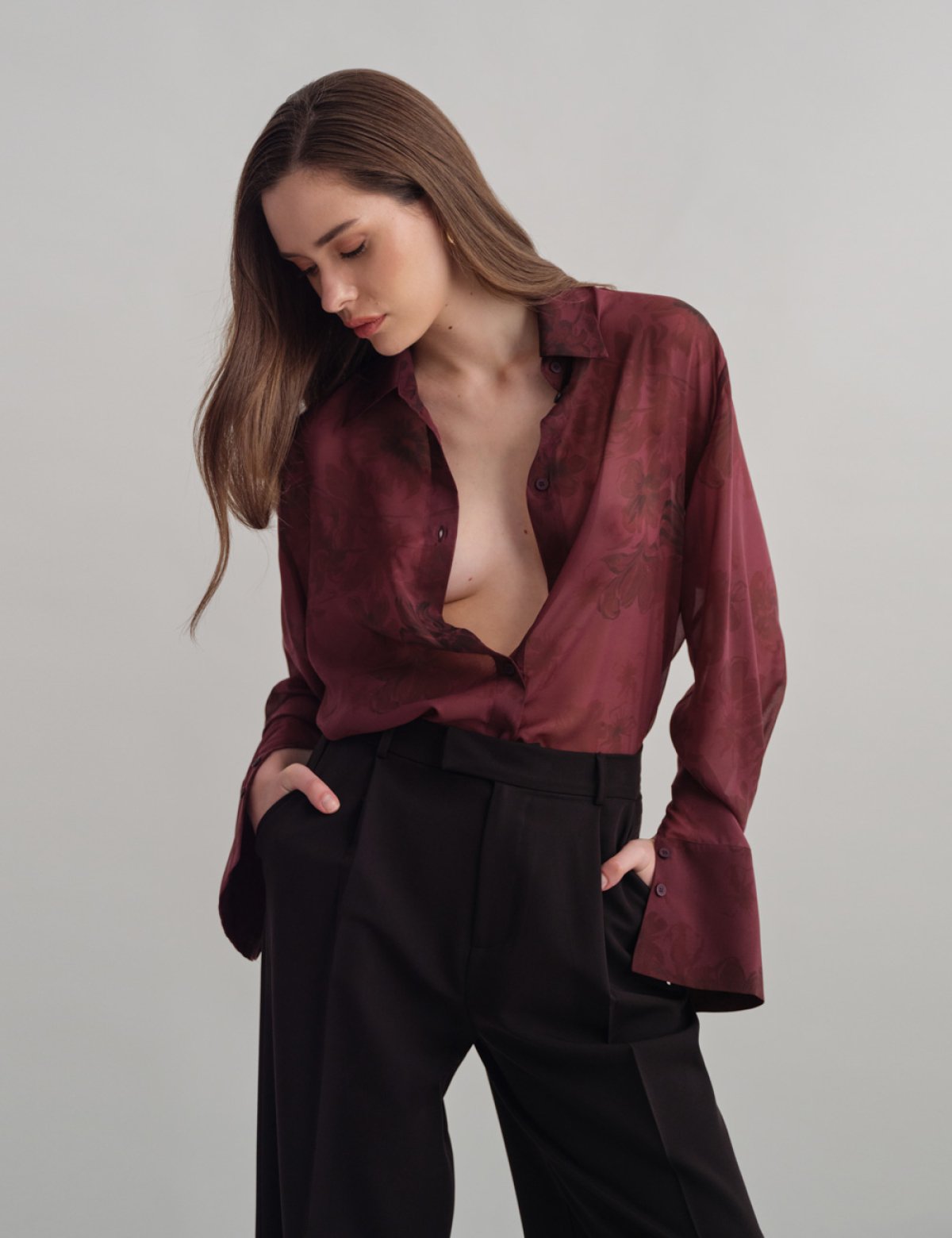 Semi-sheer shirt in aubergine floral-5