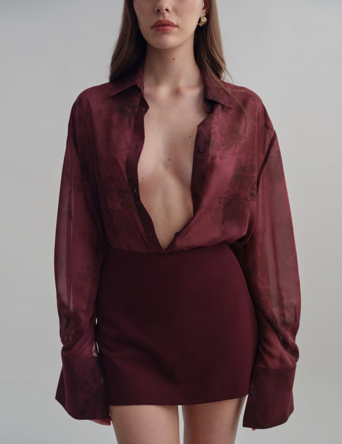 Semi-sheer shirt in aubergine floral-1
