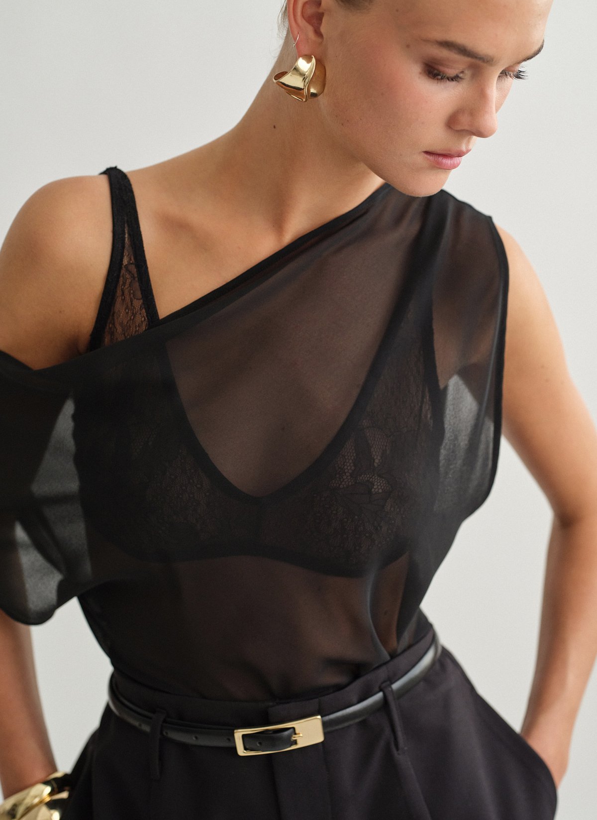One-shoulder semi-sheer top-3