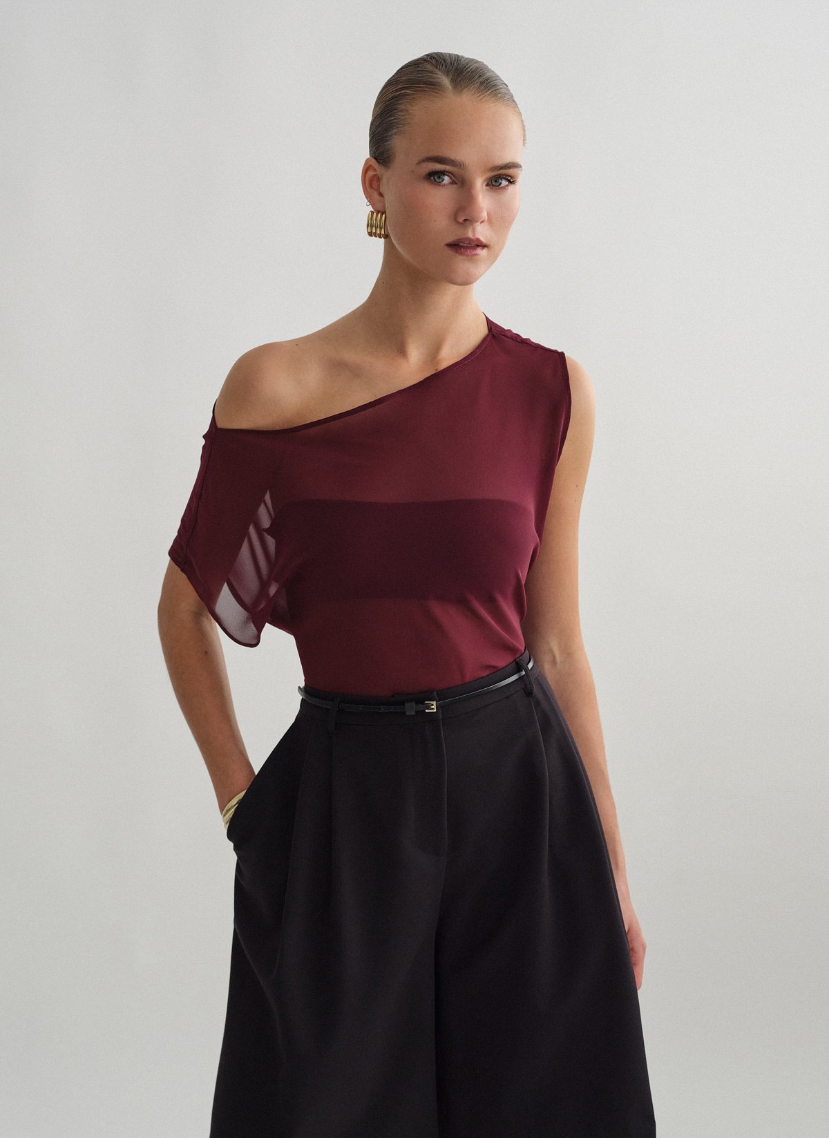 One-shoulder semi-sheer top-7