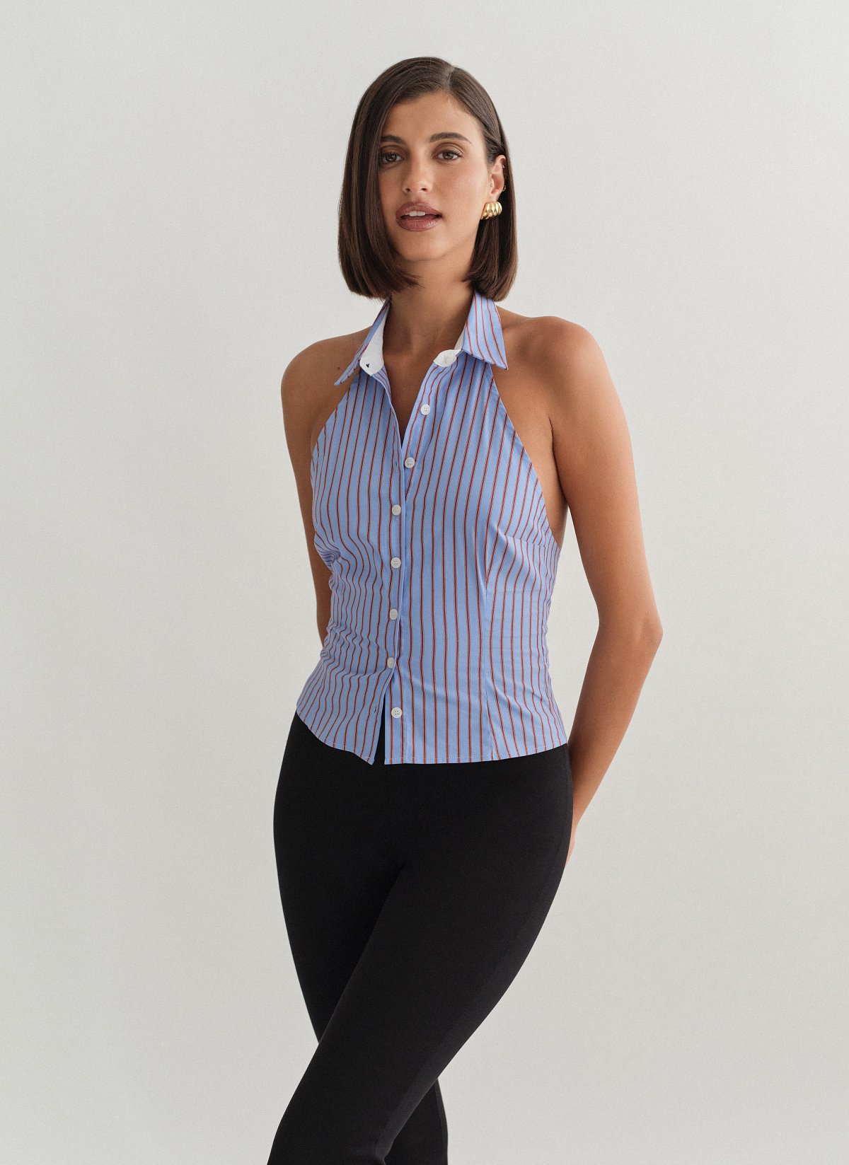 Γυναικείο ριγέ halter τοπ με γιακά