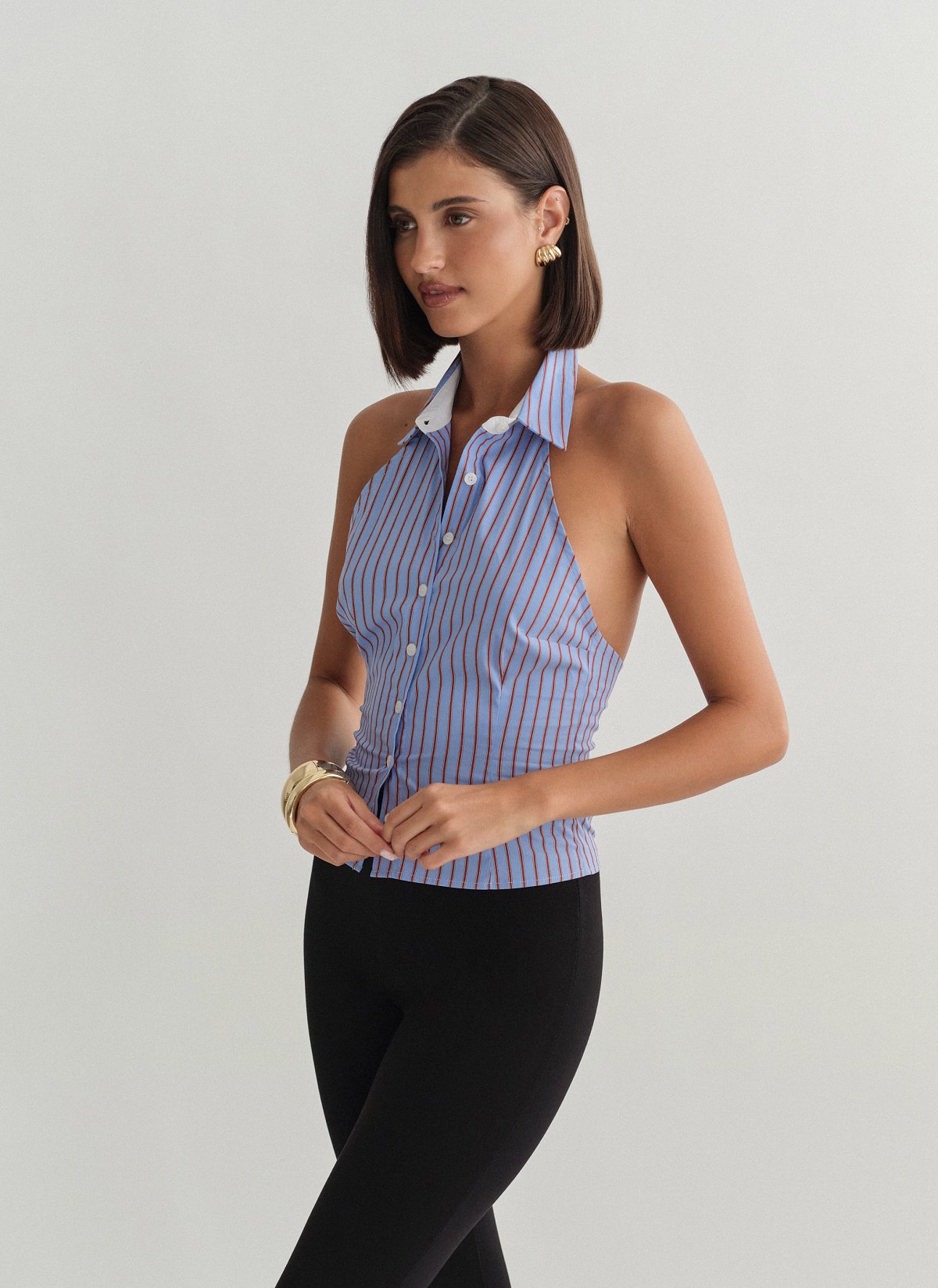 Γυναικείο ριγέ halter τοπ με γιακά