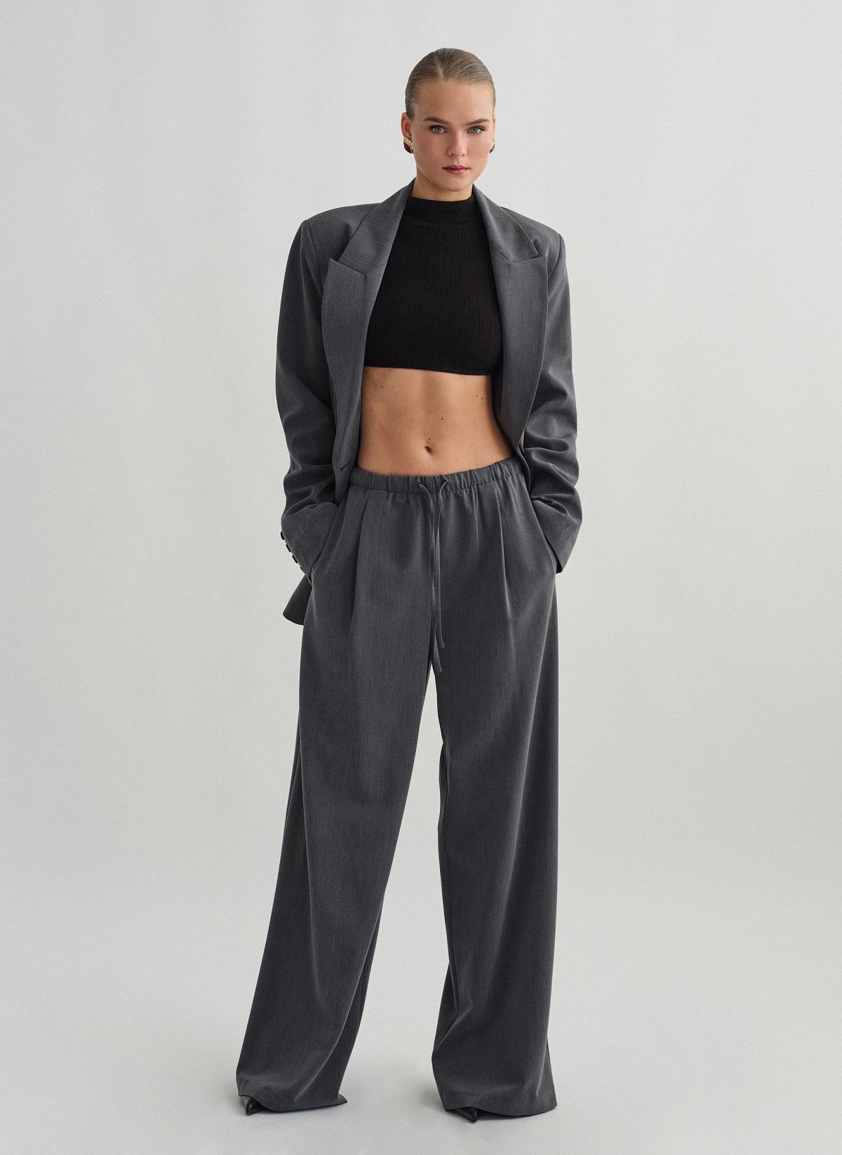 Textured trousers with elastic waistband-1