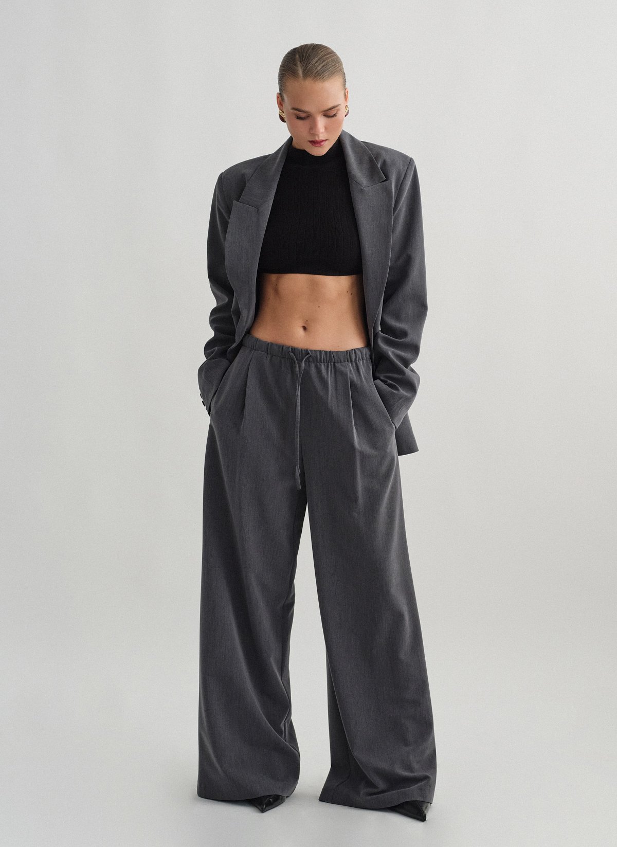 Textured trousers with elastic waistband-0