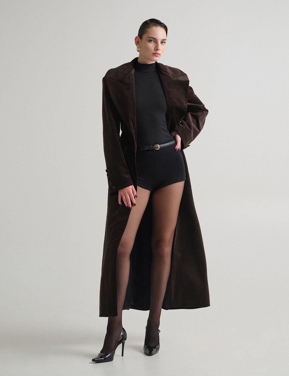 Μακρύ μεσάτο κοτλέ παλτό-3