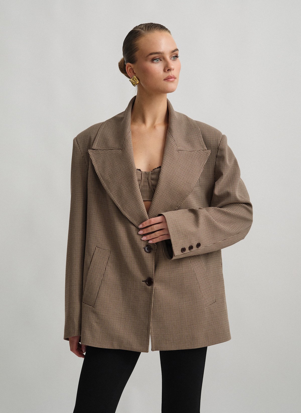 Γυναικείο οversized μπλέιζερ με τσέπες και αποσπώμενη ζώνη σε houndstooth ύφανση