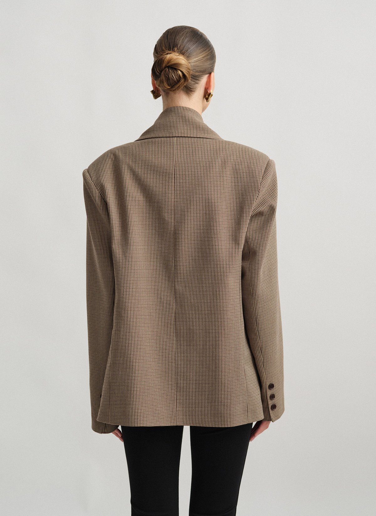 Γυναικείο οversized μπλέιζερ με τσέπες και αποσπώμενη ζώνη σε houndstooth ύφανση