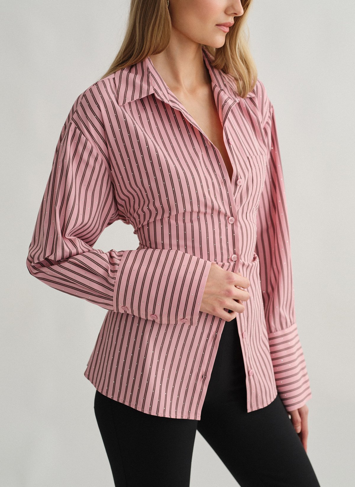 Γυναικείο oversized ριγέ πουκάμισο ποπλίνα με στρας