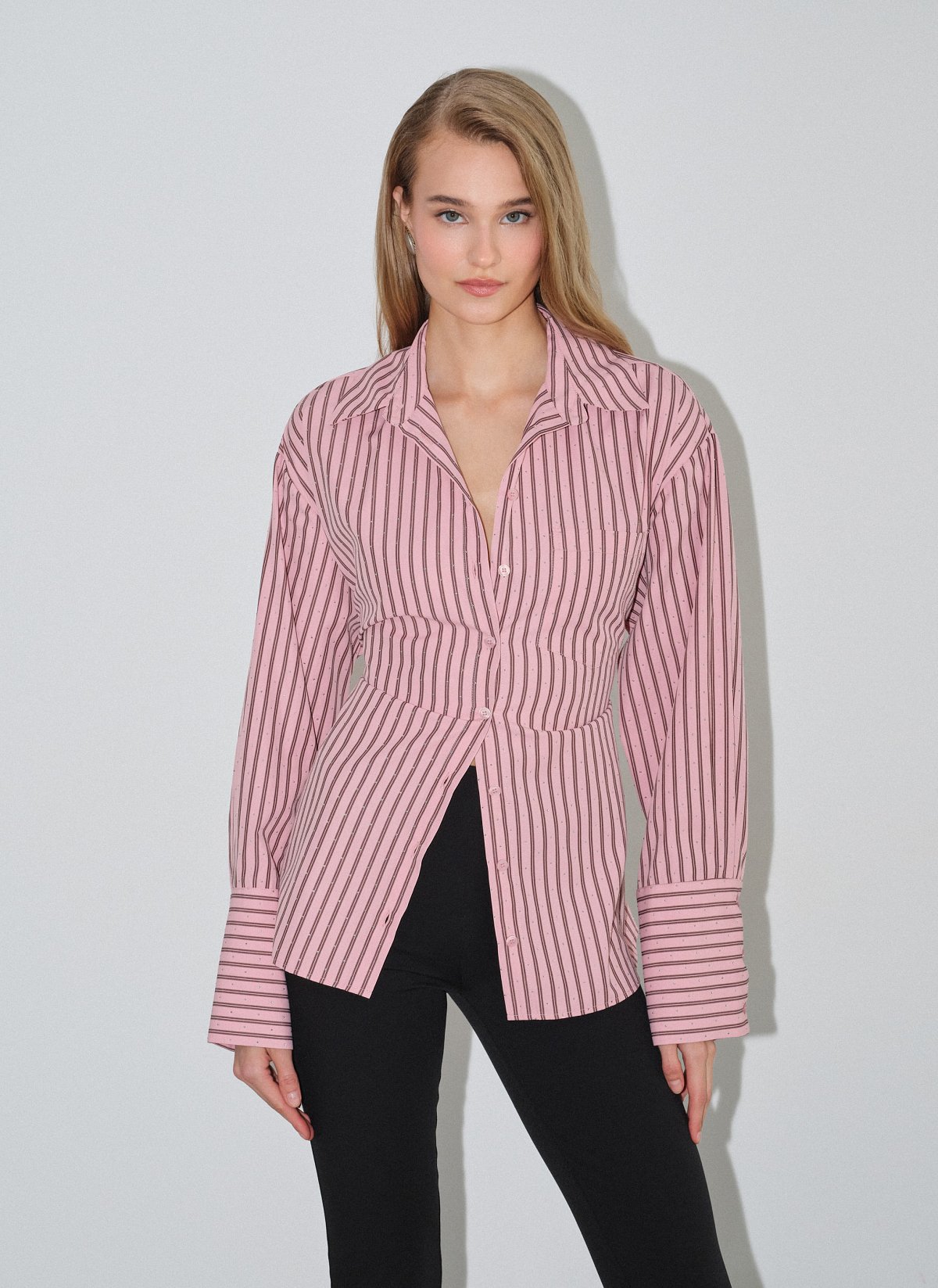 Γυναικείο oversized ριγέ πουκάμισο ποπλίνα με στρας