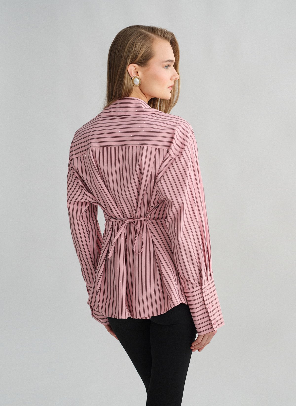 Γυναικείο oversized ριγέ πουκάμισο ποπλίνα με στρας