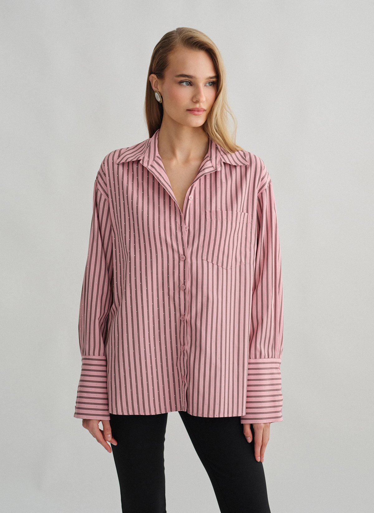 Γυναικείο oversized ριγέ πουκάμισο ποπλίνα με στρας