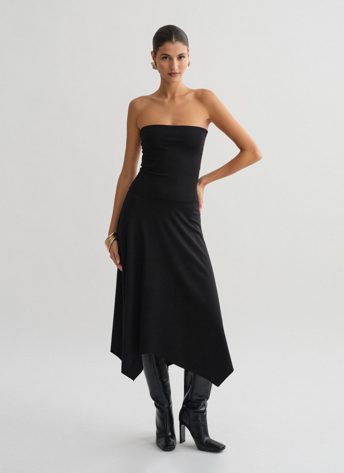 Asymmetric strapless midi dress-5
