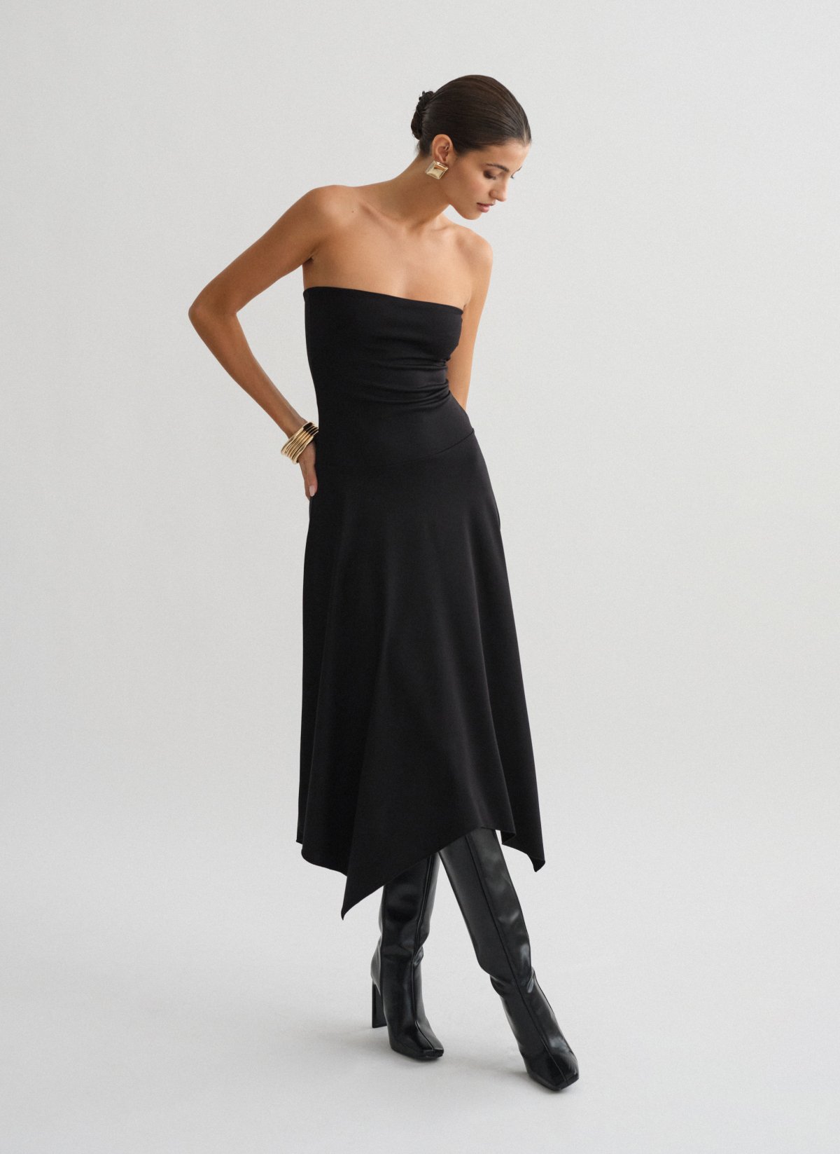 Asymmetric strapless midi dress-7