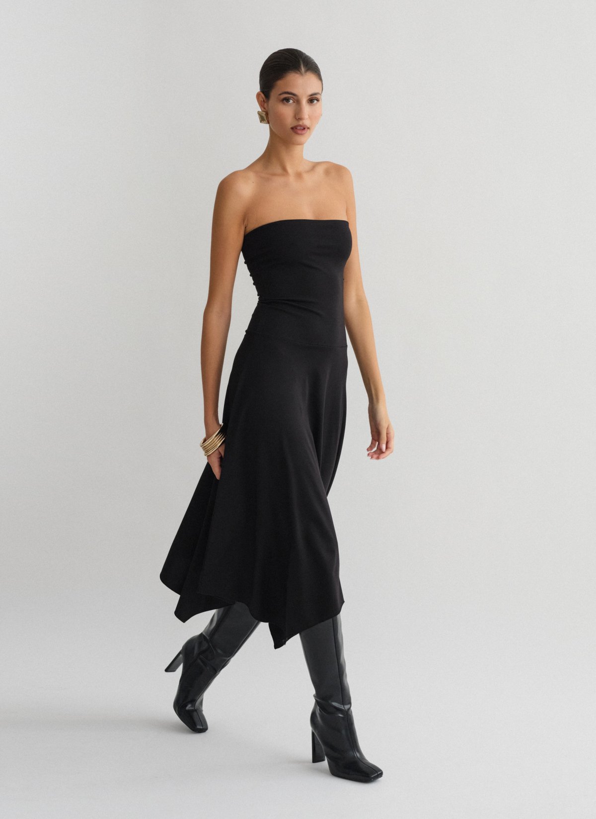 Asymmetric strapless midi dress-6
