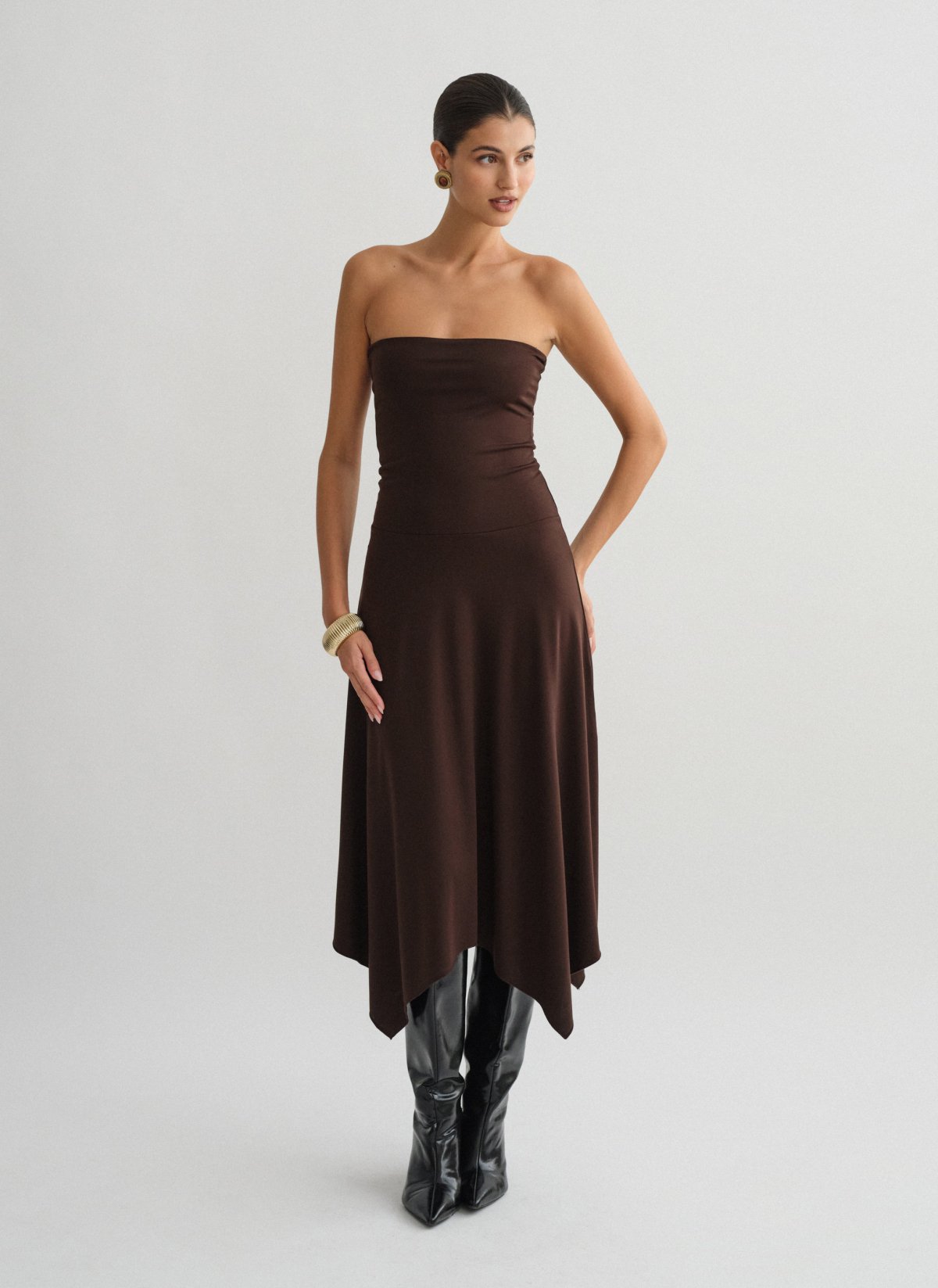 Asymmetric strapless midi dress-1