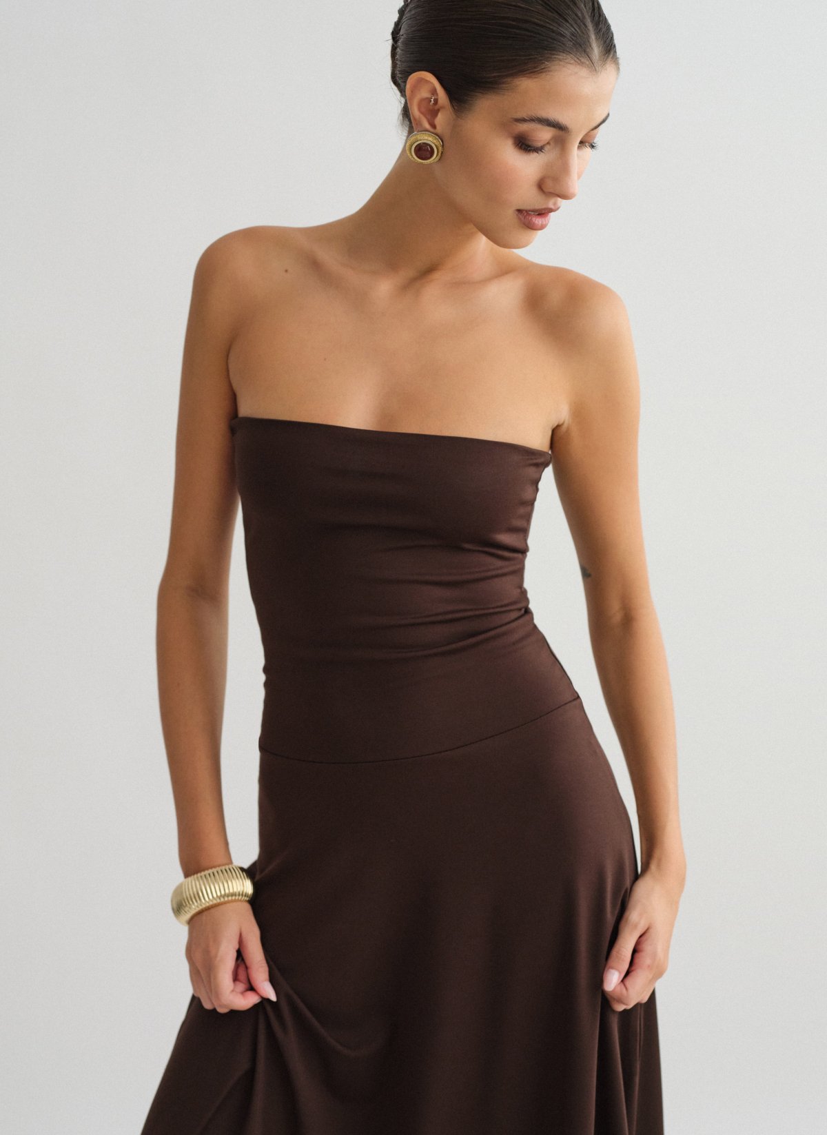 Asymmetric strapless midi dress-2