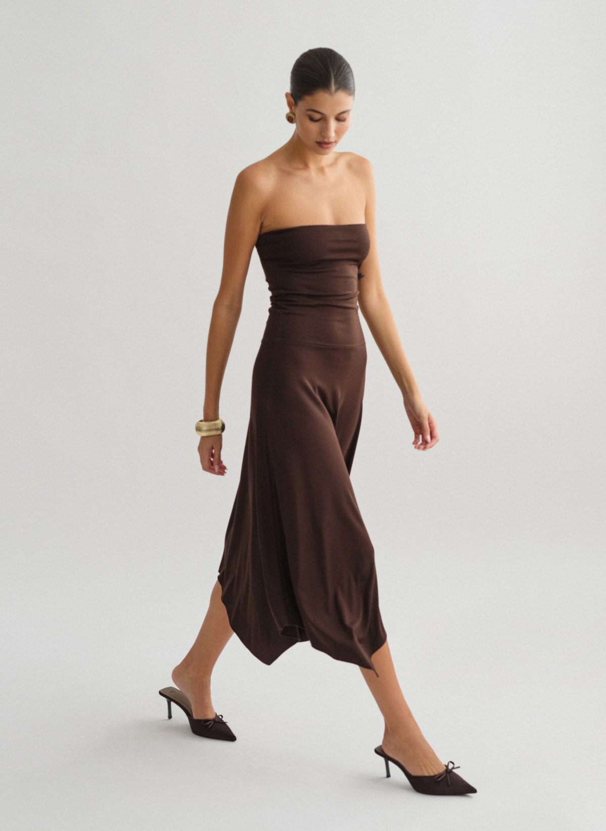 Asymmetric strapless midi dress-3