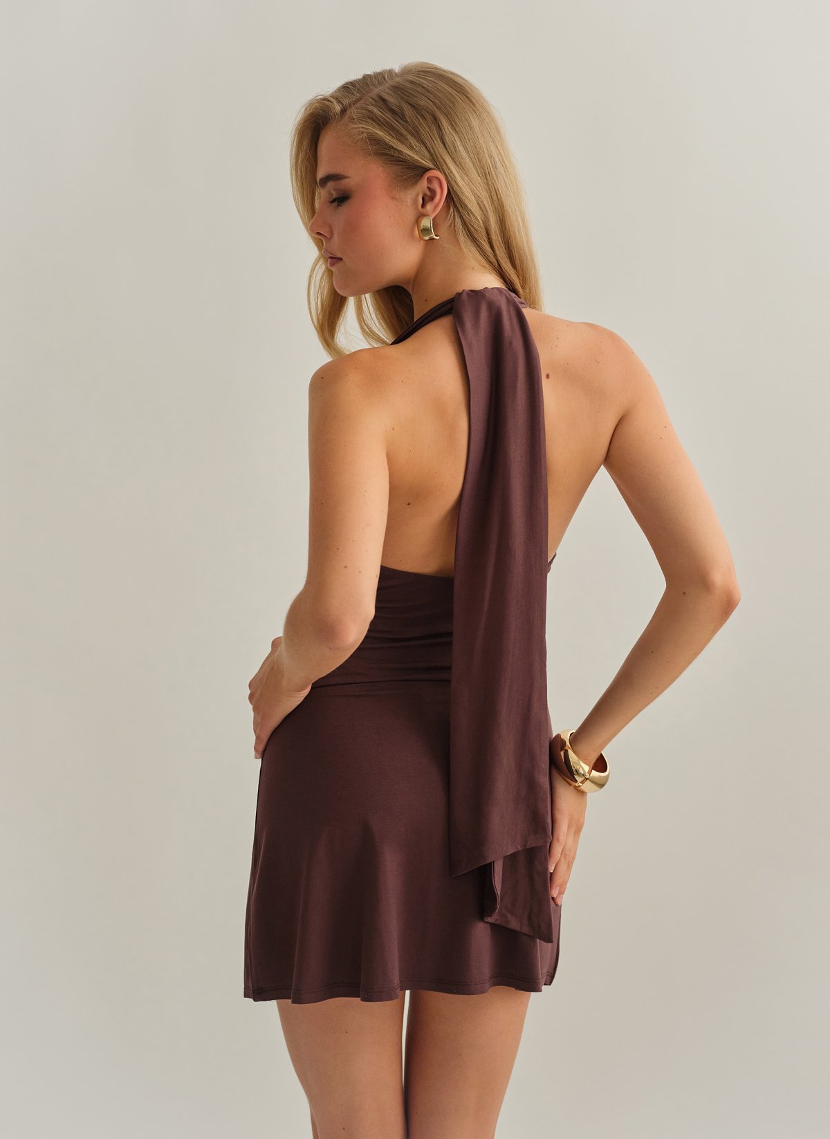 Γυναικείο halter μίνι φόρεμα με σούρες bamboo