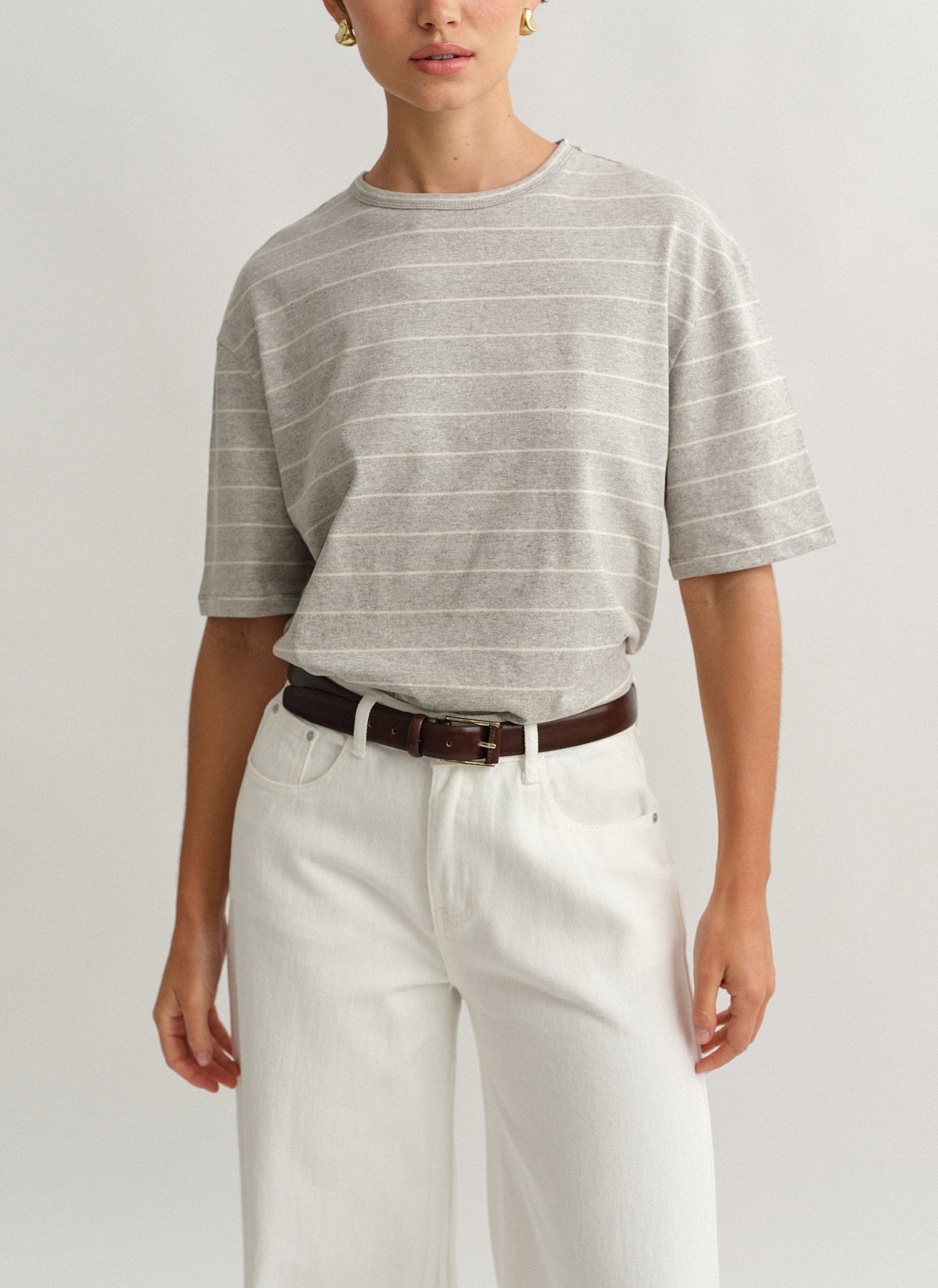 Γυναικεία βαμβακερή oversized κοντομάνικη ριγέ μπλούζα