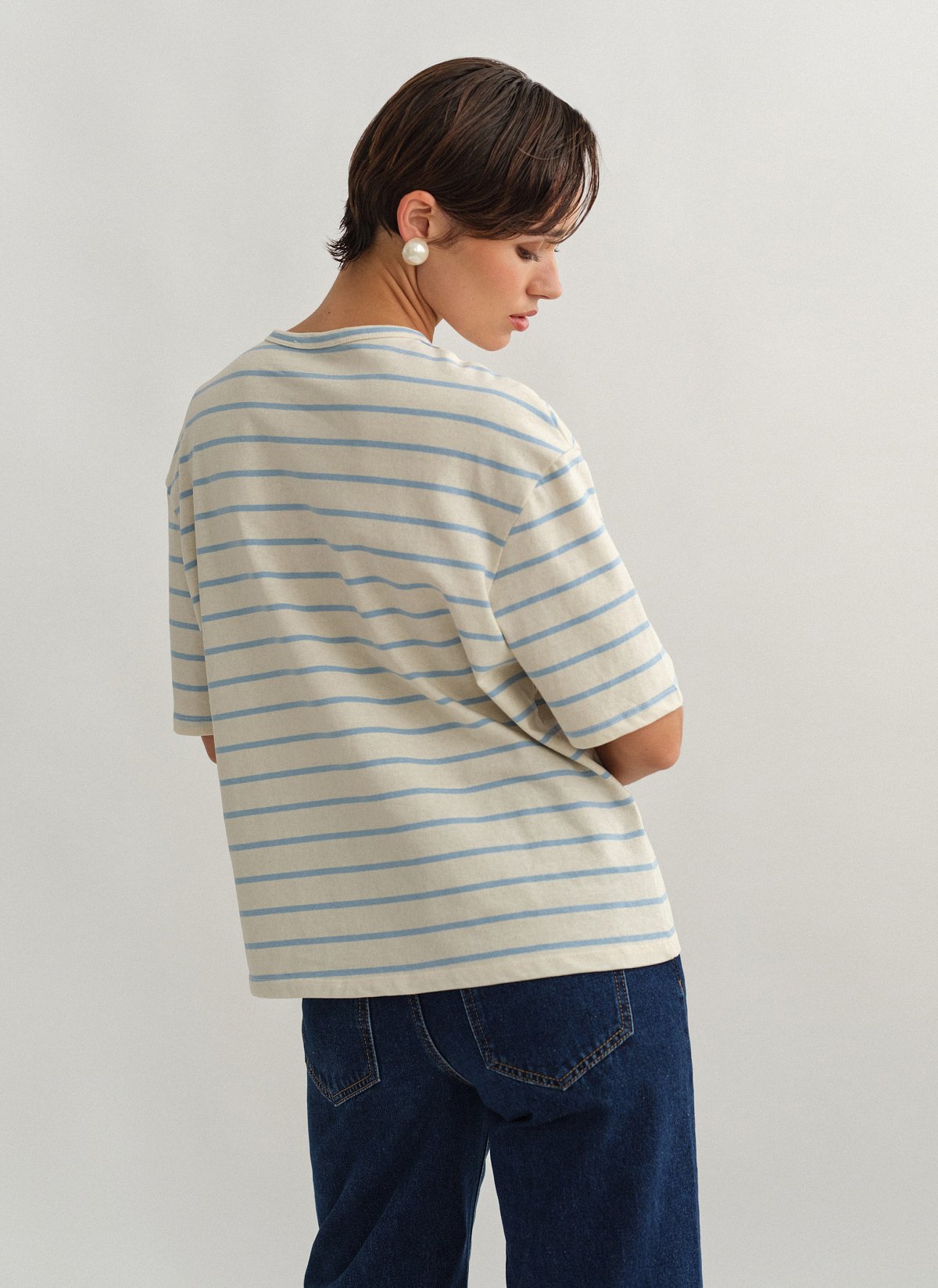 Γυναικεία βαμβακερή oversized κοντομάνικη ριγέ μπλούζα