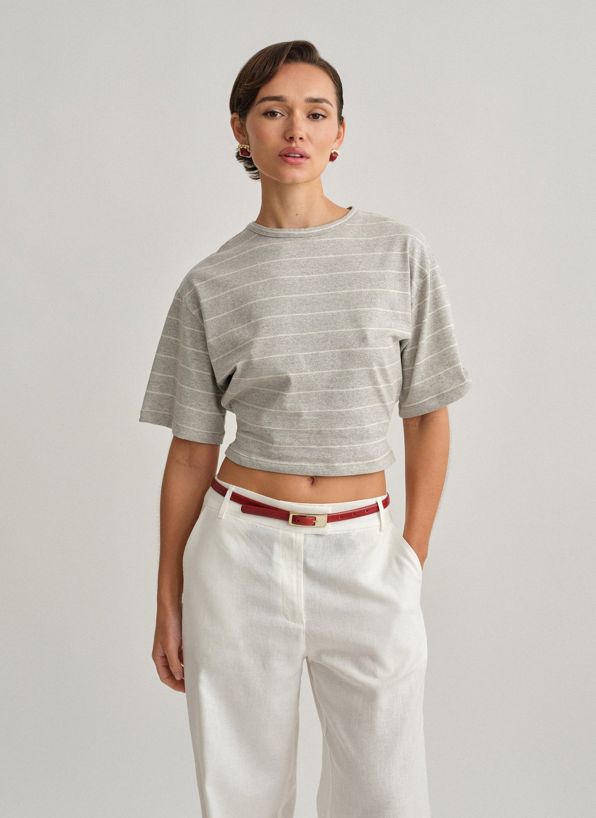 Γυναικεία βαμβακερή μεσάτη κοντομάνικη ριγέ μπλούζα