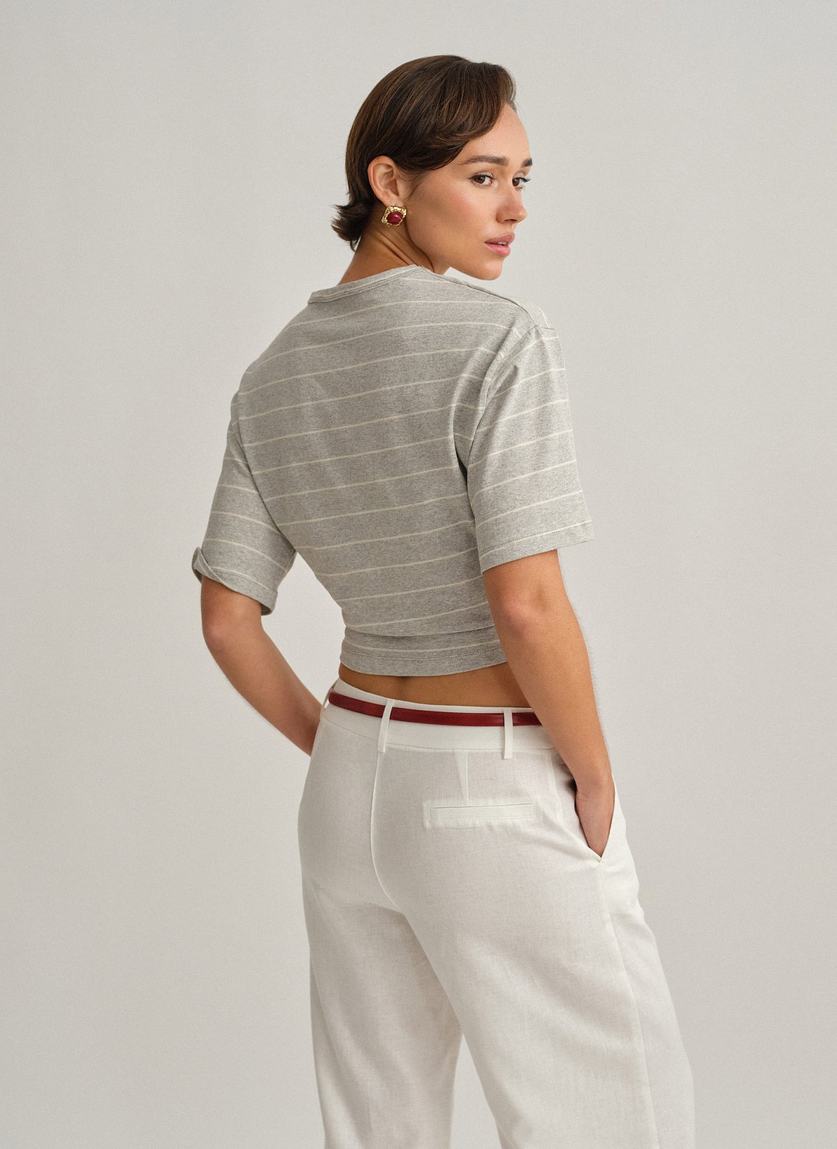 Γυναικεία βαμβακερή μεσάτη κοντομάνικη ριγέ μπλούζα