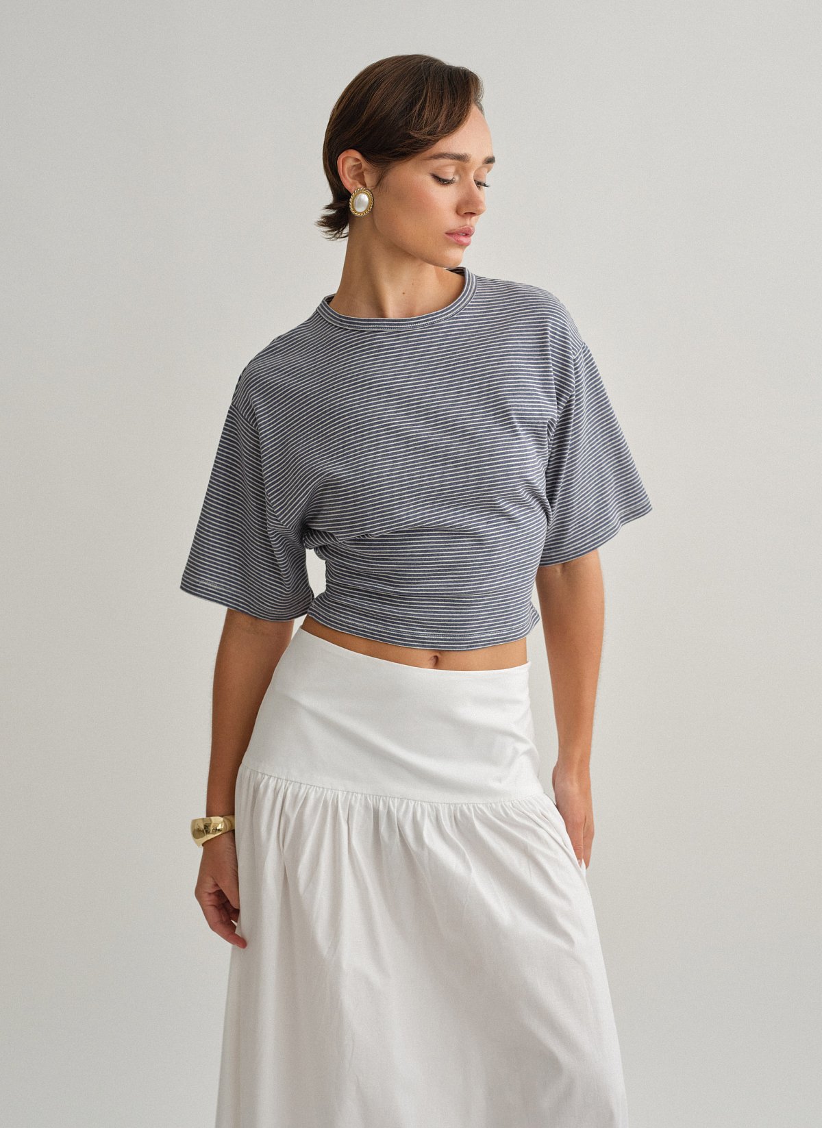 Γυναικεία βαμβακερή μεσάτη κοντομάνικη ριγέ μπλούζα