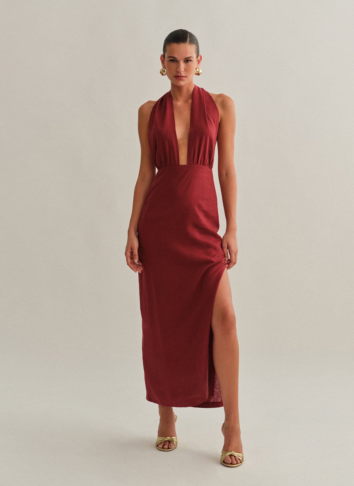 Γυναικείο λινό μακρύ φόρεμα με πολυμορφικό δέσιμο