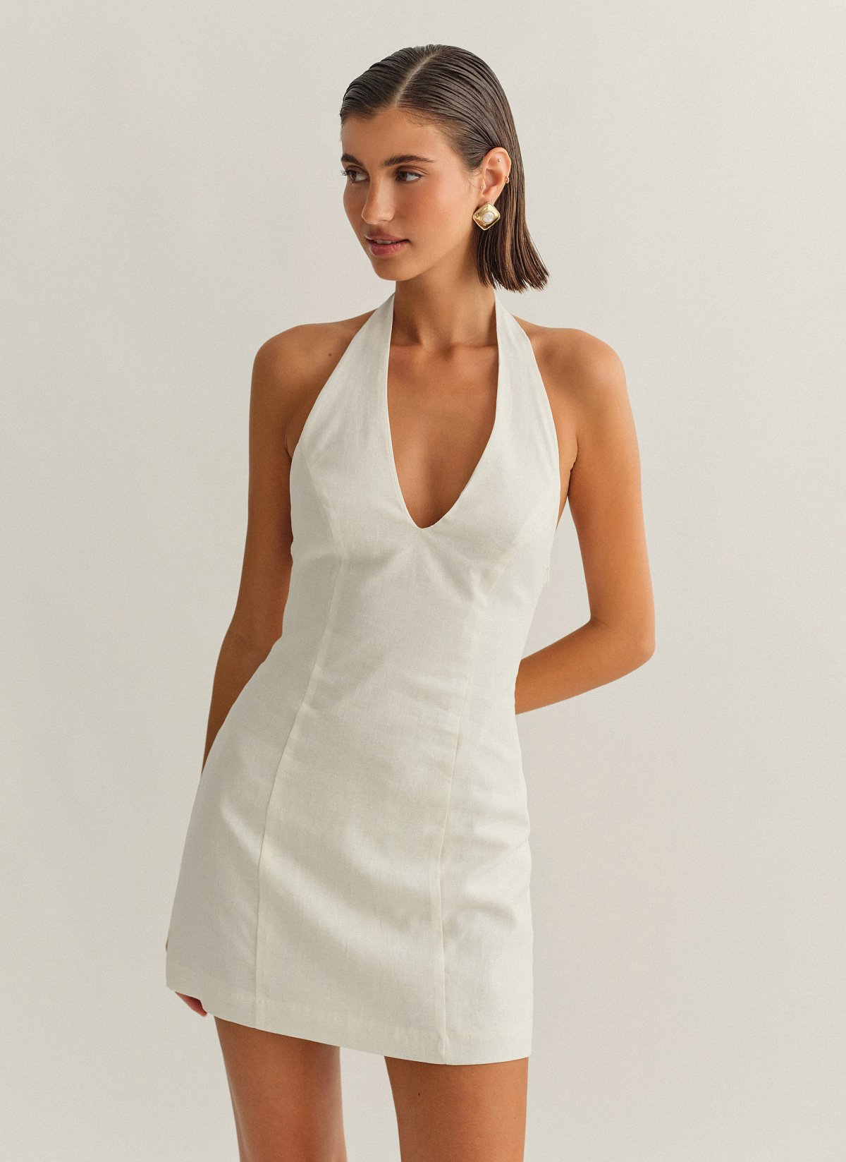 Γυναικείο λινό halter μίνι φόρεμα