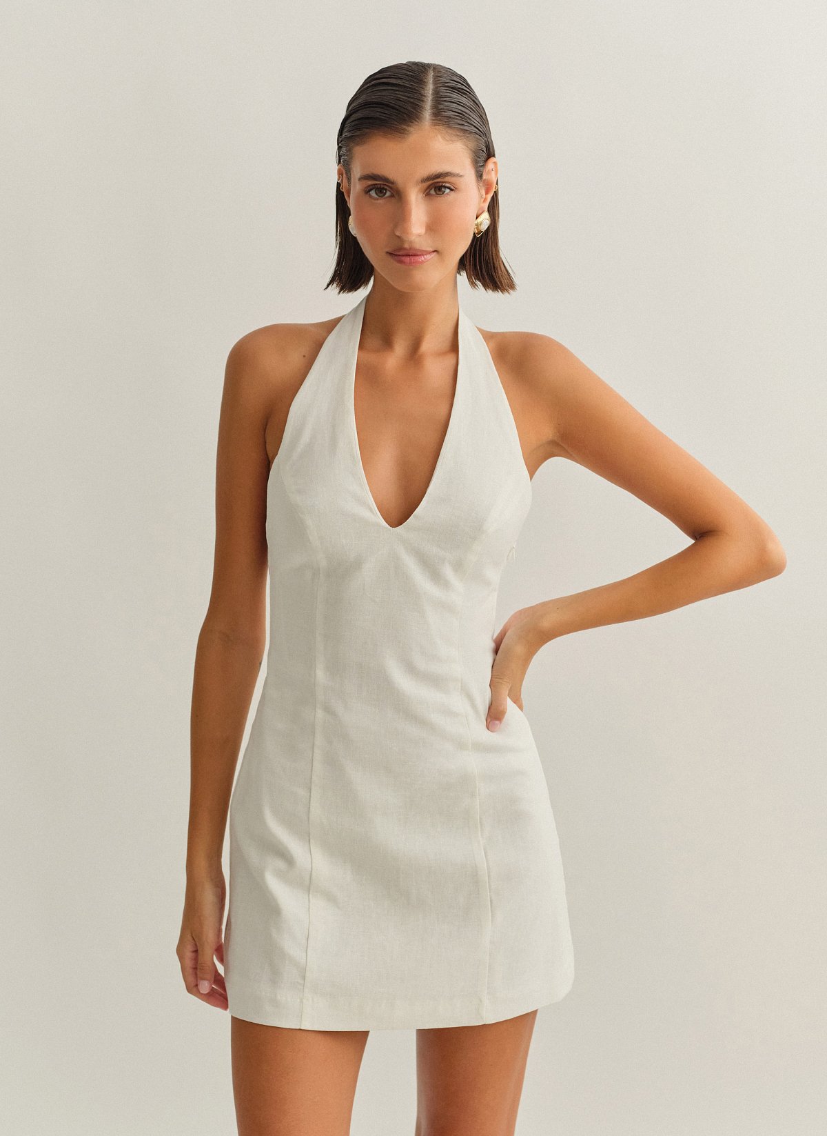 Γυναικείο λινό halter μίνι φόρεμα