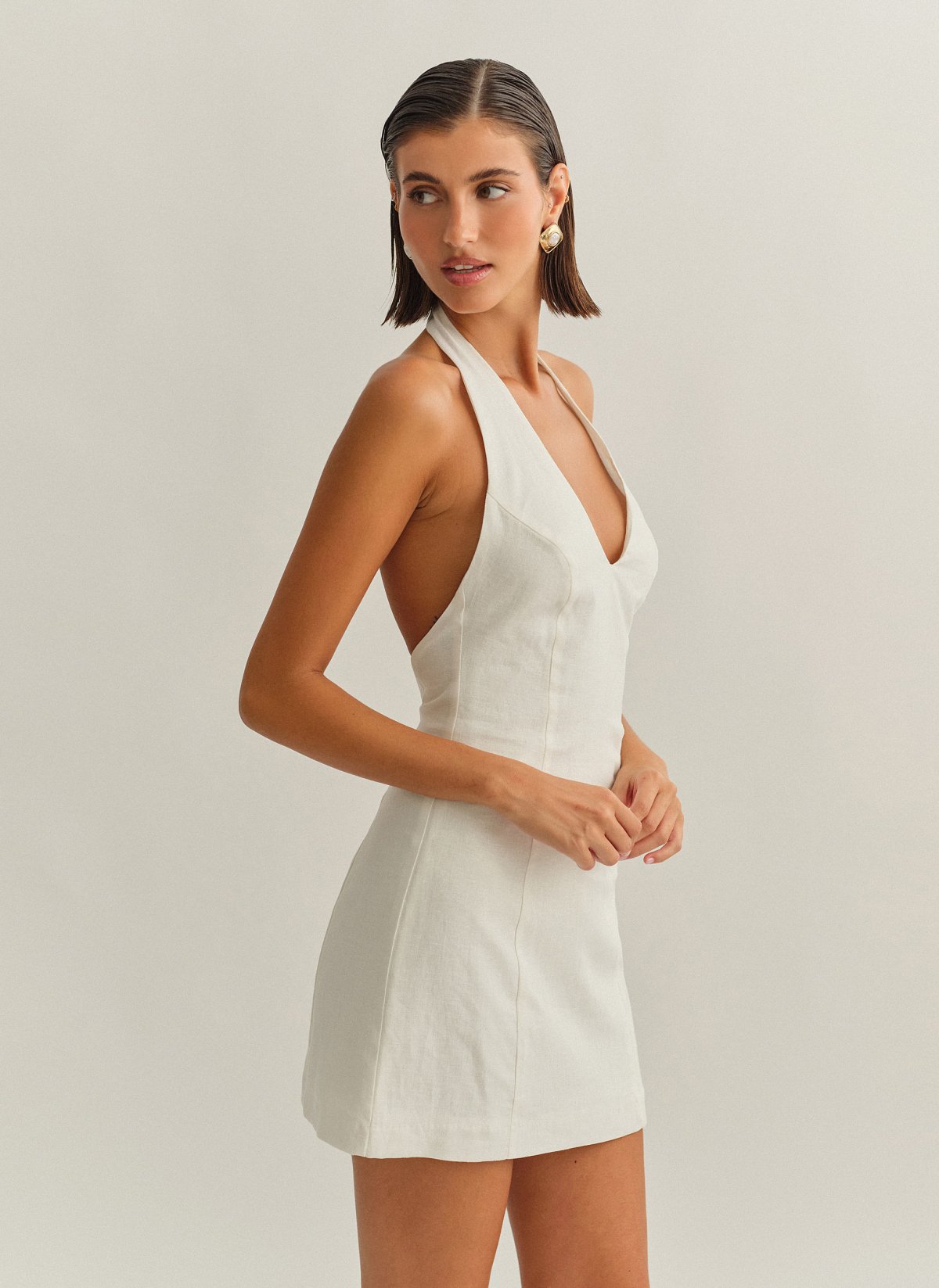 Γυναικείο λινό halter μίνι φόρεμα