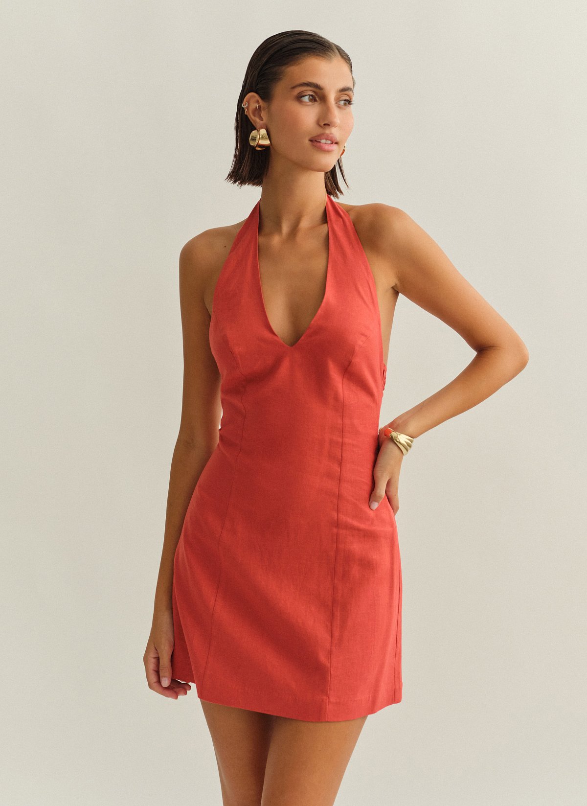 Γυναικείο λινό halter μίνι φόρεμα