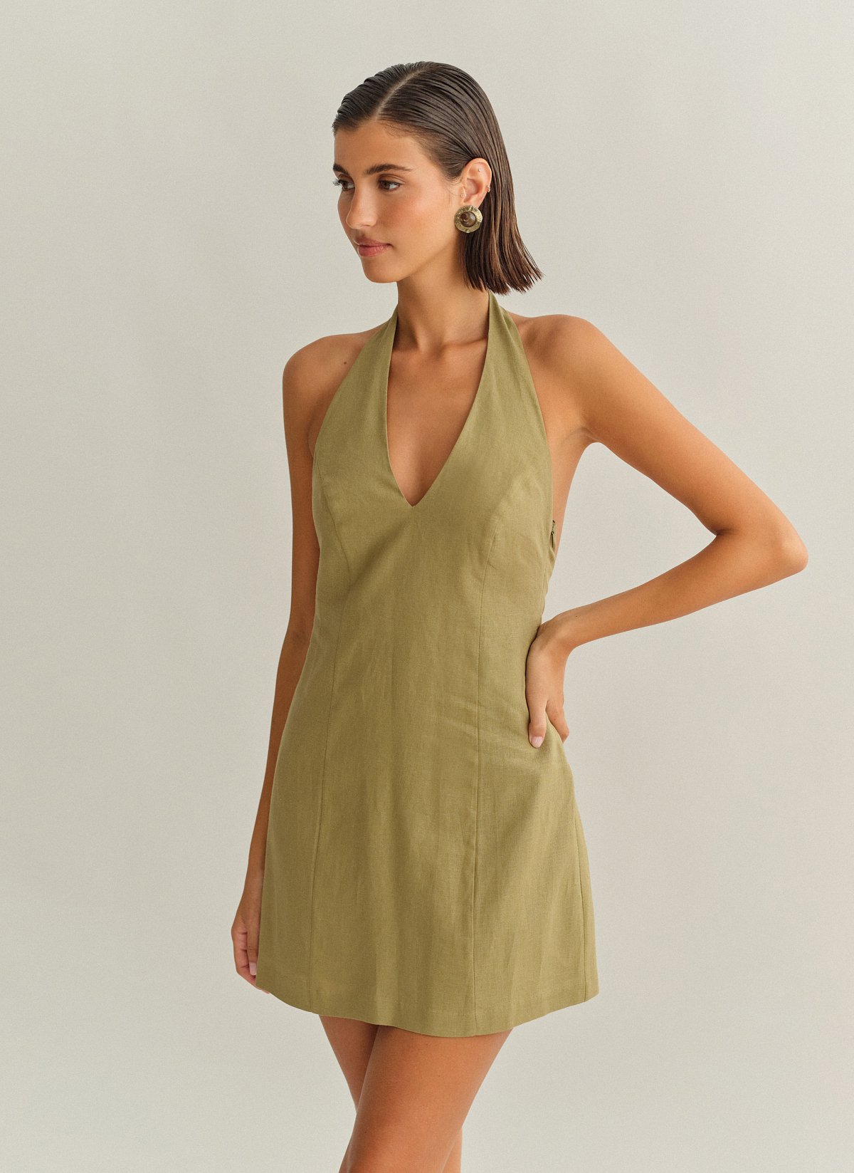 Γυναικείο λινό halter μίνι φόρεμα