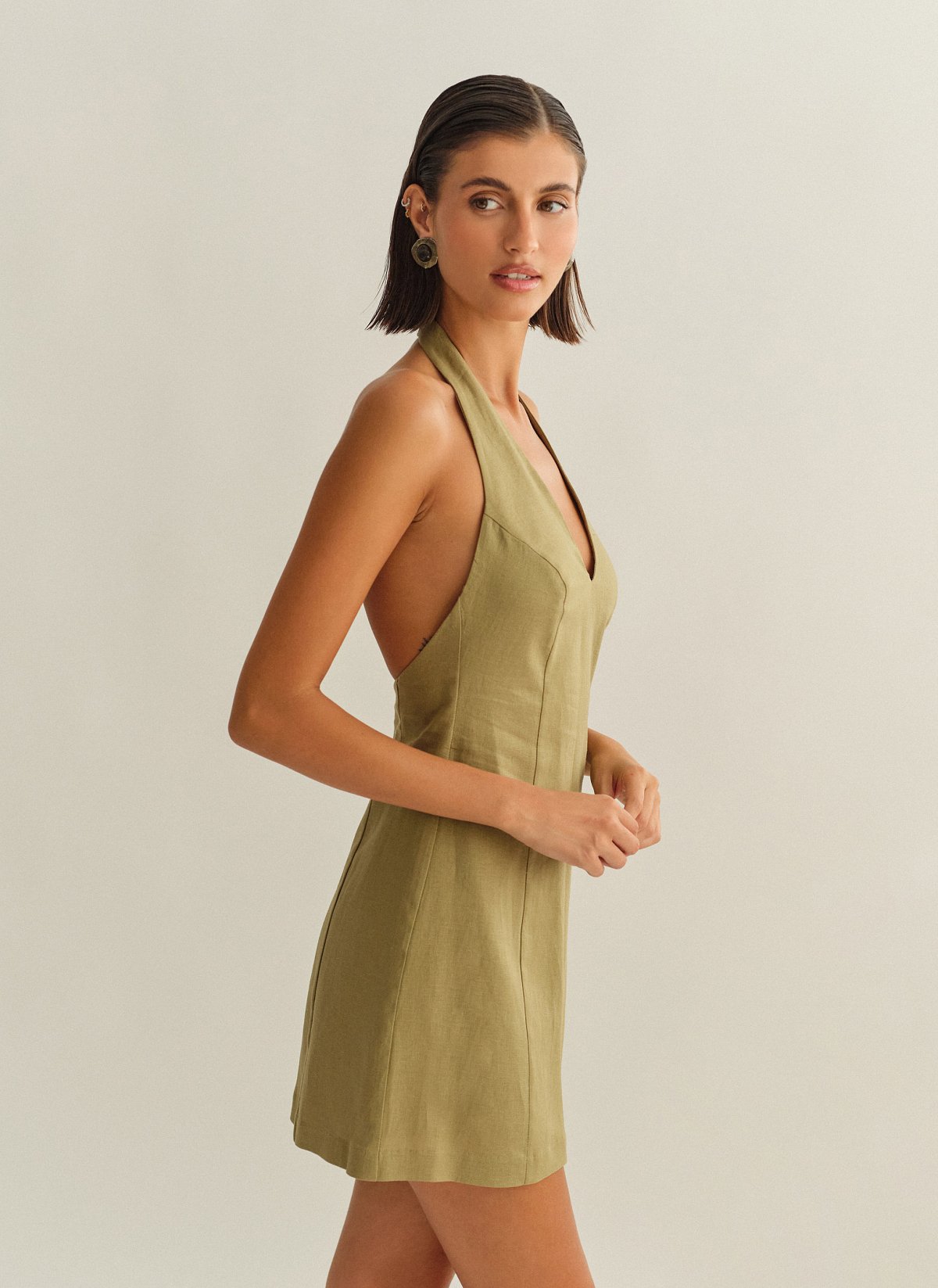 Γυναικείο λινό halter μίνι φόρεμα