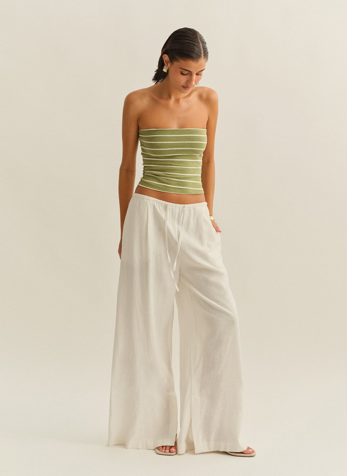 Γυναικείο λινό παντελόνι με κορδόνι στη μέση