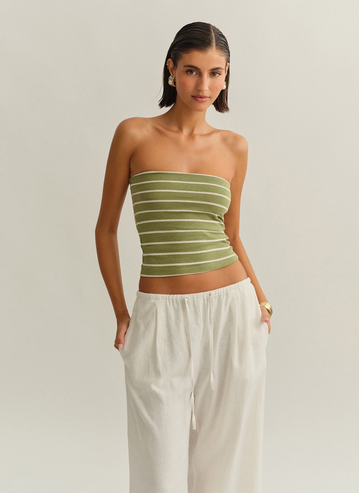 Γυναικείο βαμβακερό στράπλες ριγέ τοπ