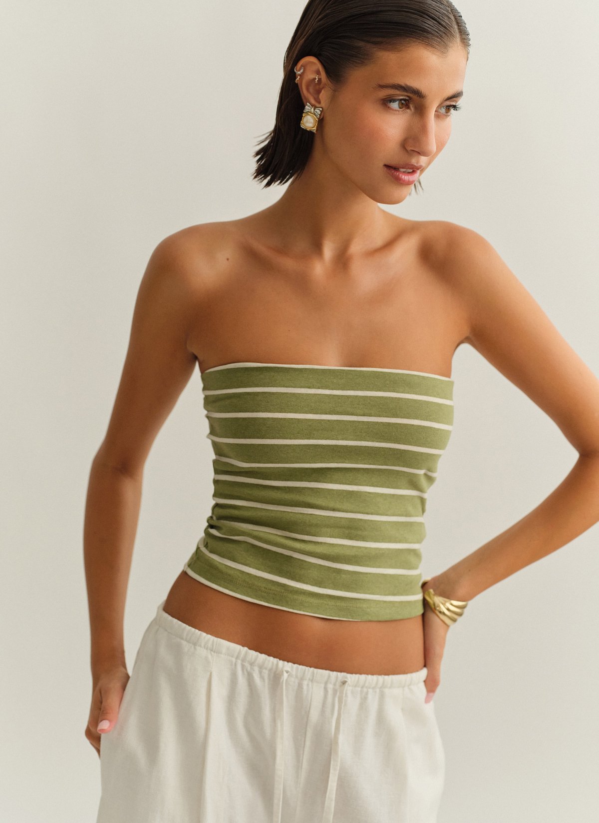 Γυναικείο βαμβακερό στράπλες ριγέ τοπ