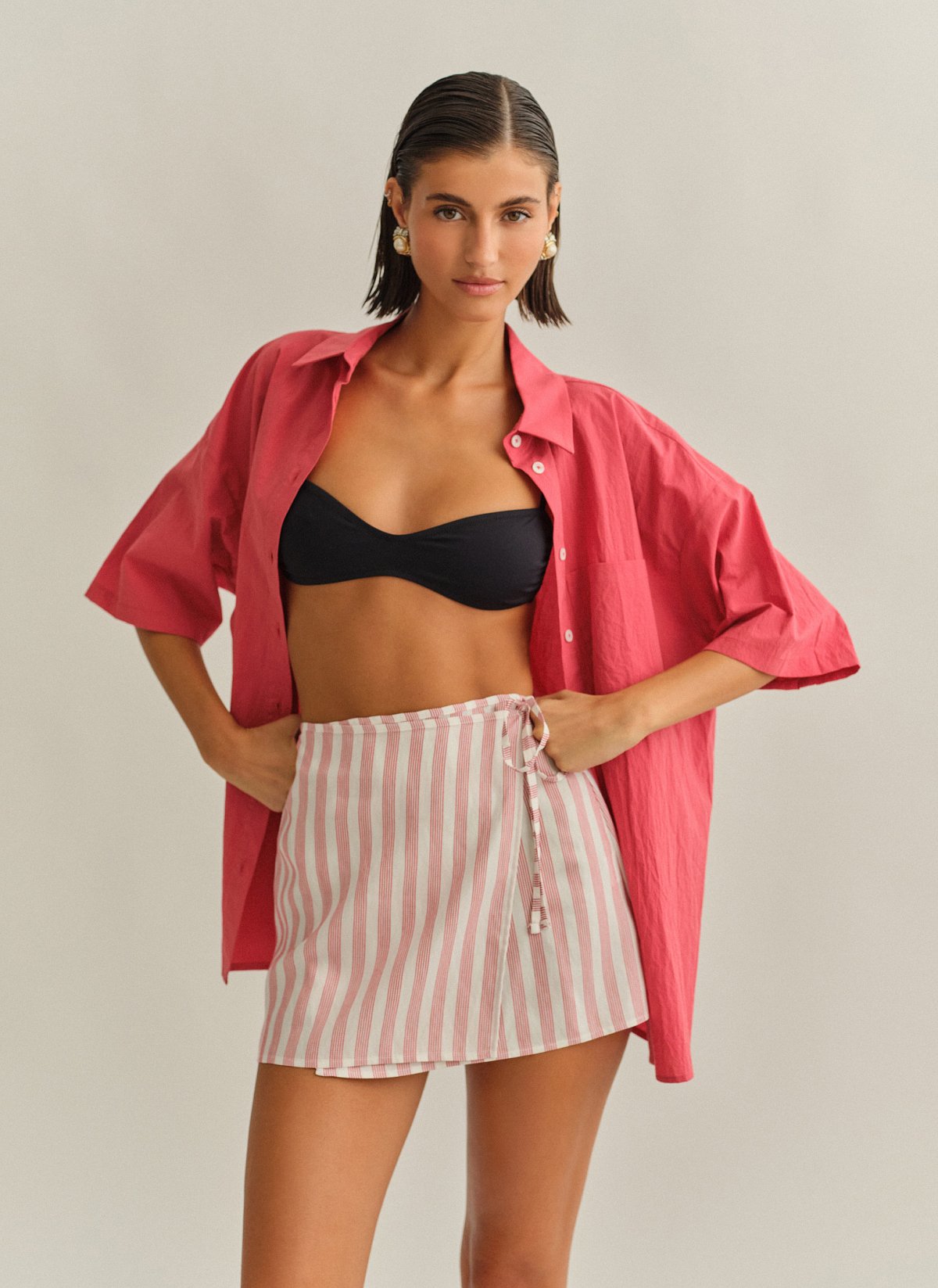 Γυναικείο Ριγέ παρεό με δέσιμο και εσωτερική χρωματική αντίθεση