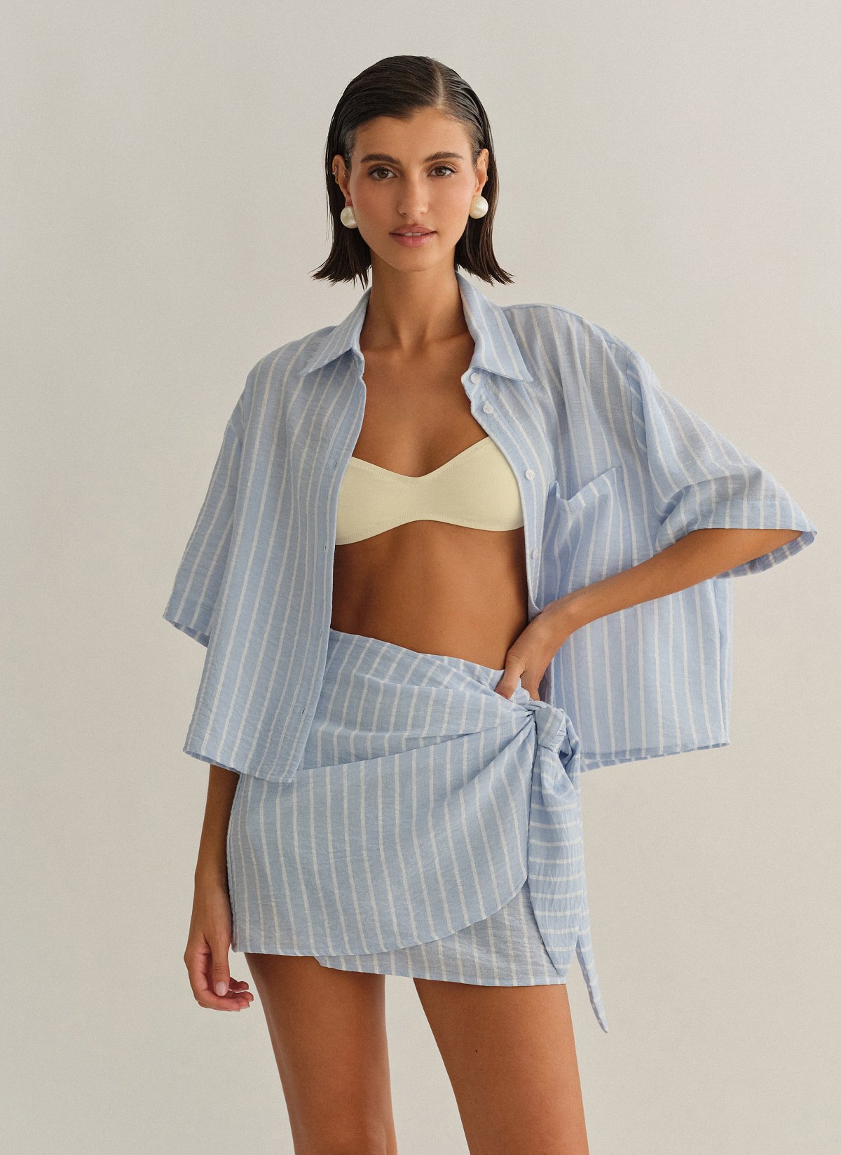 Γυναικείο ριγέ σιελ παρεό με δέσιμο