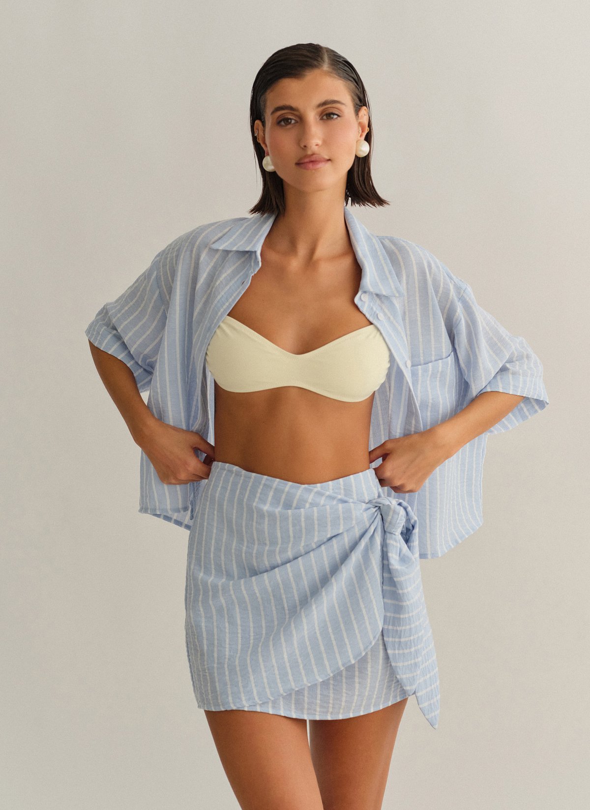 Γυναικείο ριγέ σιελ παρεό με δέσιμο