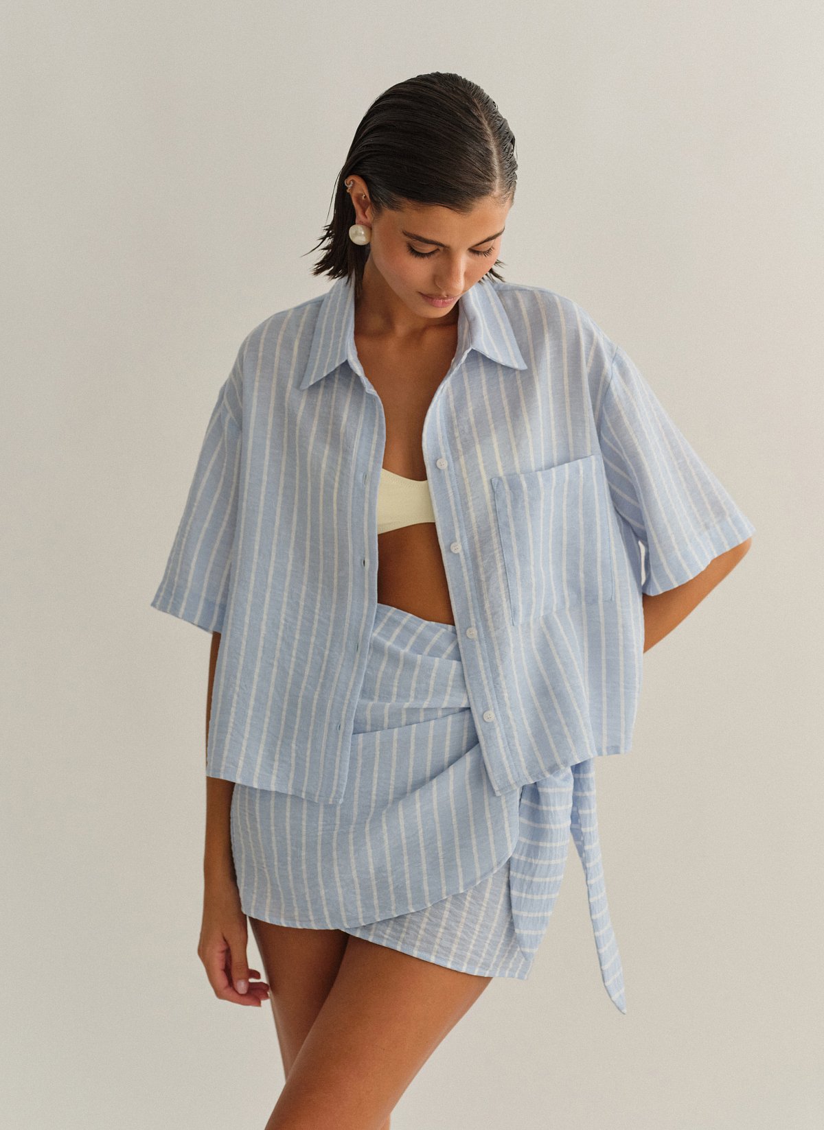 Γυναικείο ριγέ σιελ παρεό με δέσιμο