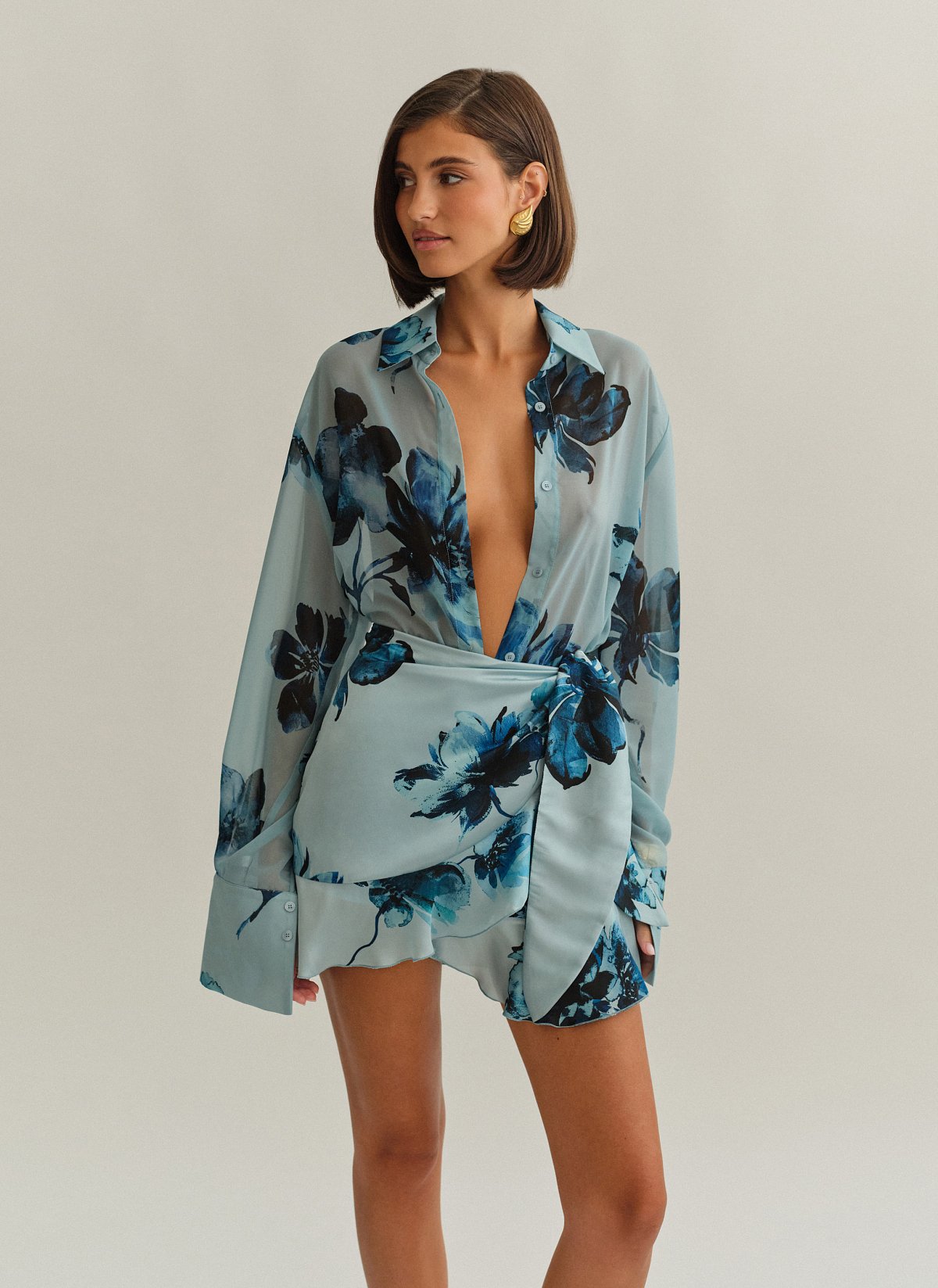 Γυναικείο oversized ημιδιάφανο εμπριμέ πουκάμισο